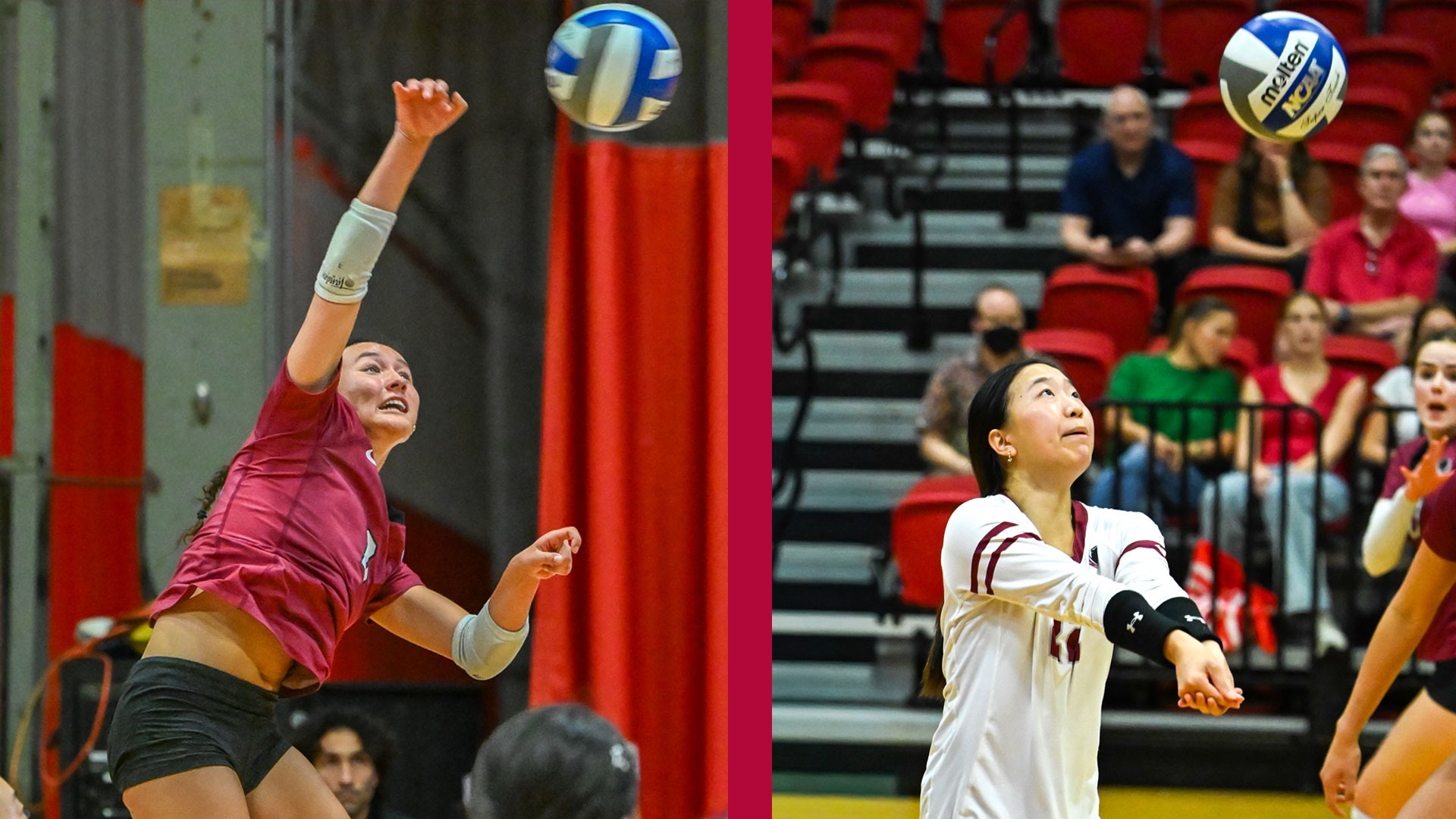 A graphic featuring action photos of Sabine Smith and Sophia Song