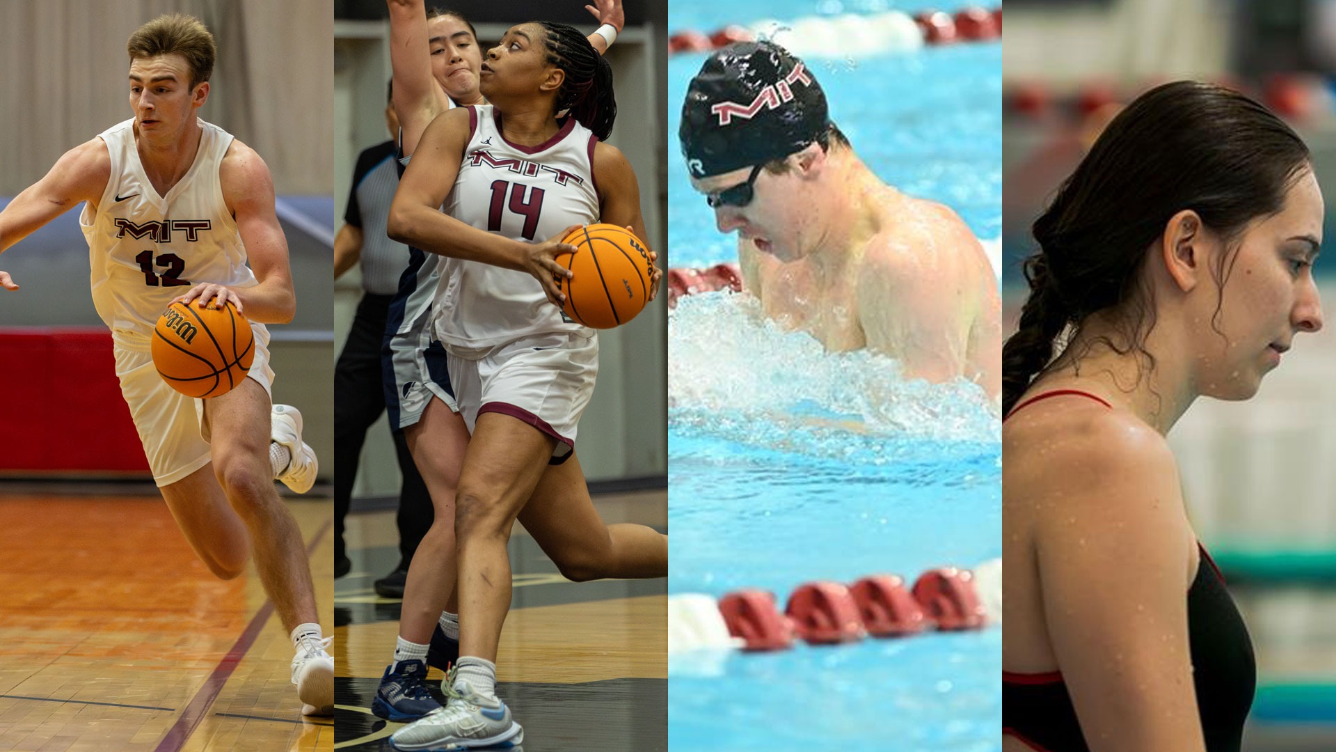 A graphic featuring action photos of Parker Spann, Brianna Lebrun, Michael Turmilov, and Larissa Gosslau