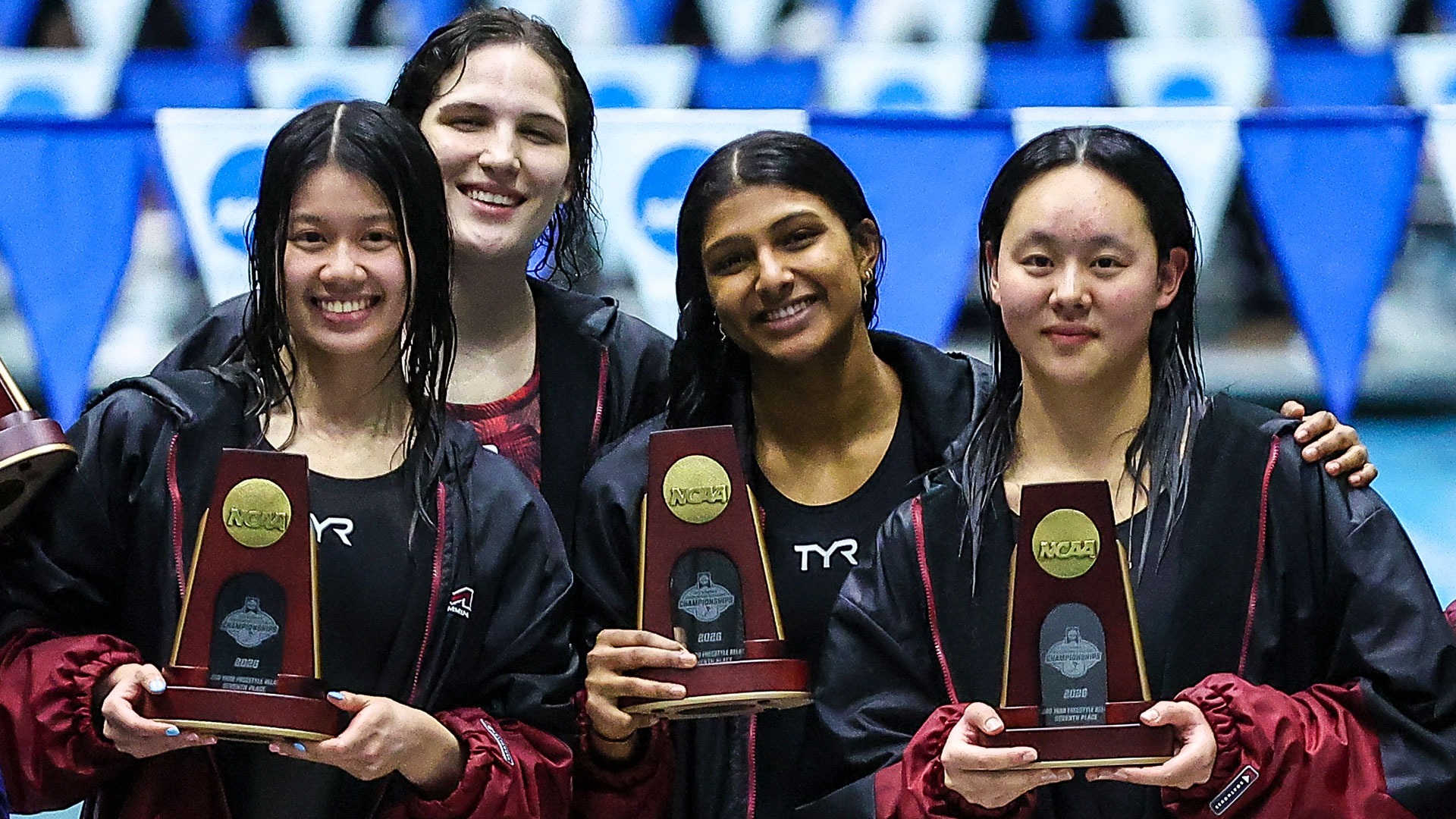 Rachel Yang, Sydney Smith, Annika Naveen, Olivia Chen with the 200 free relay trophies