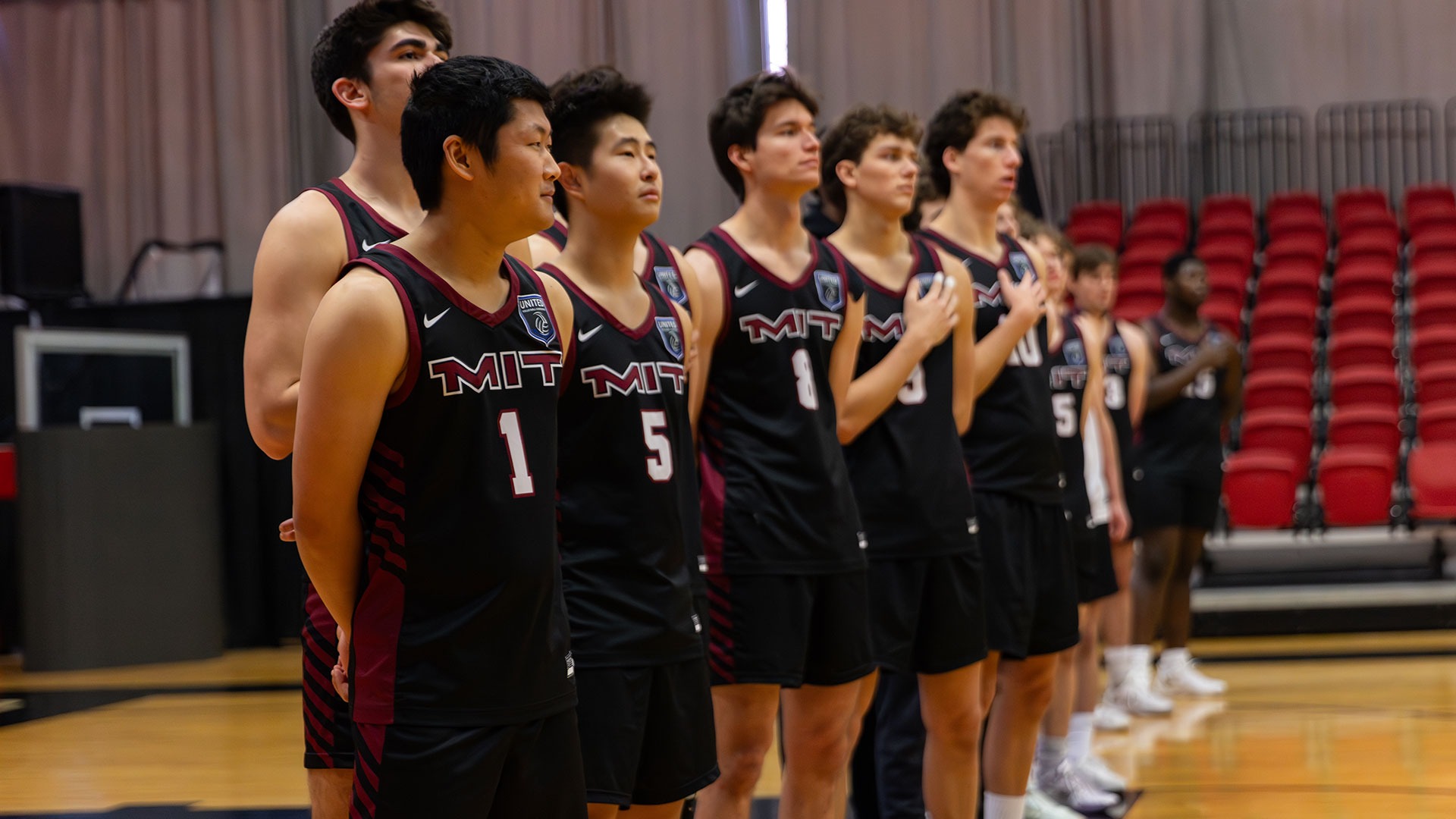 MIT men's volleyball team during pregame 