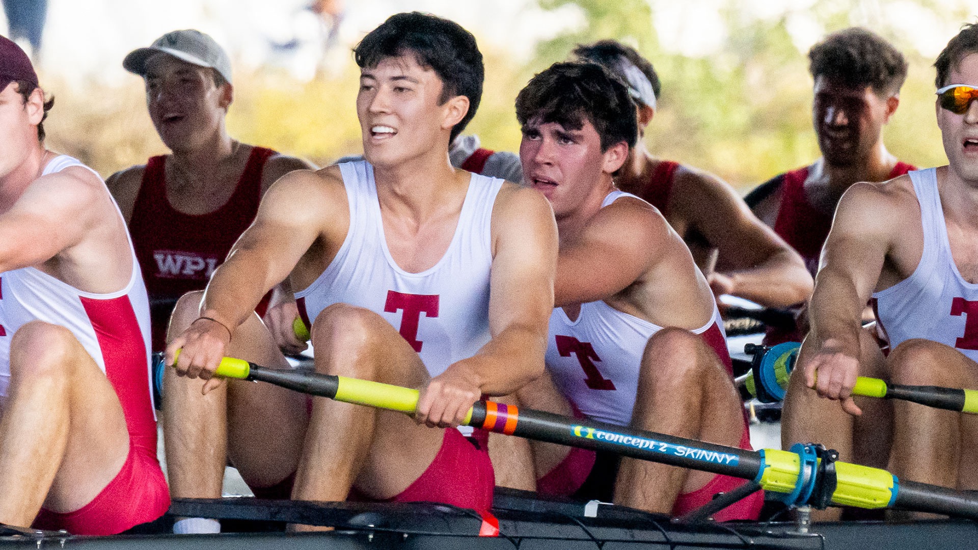 MIT men's heavyweight crew varsity eight rowing in the head of the charles