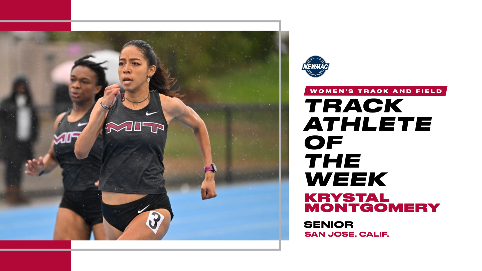 Krystal Montgomery running, NEWMAC Athlete of the Week graphic