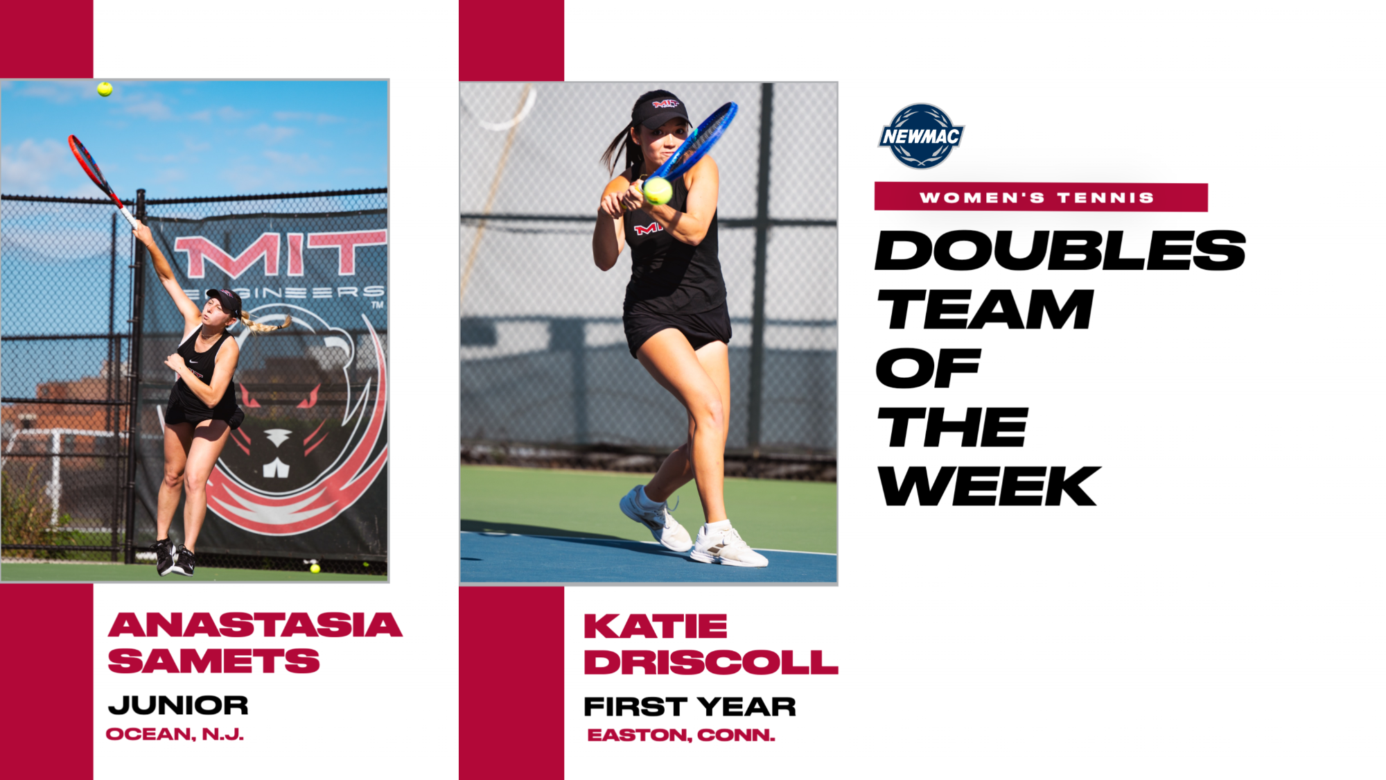A graphic featuring action photos of Anastasia Samets and Katie Driscoll playing tennis