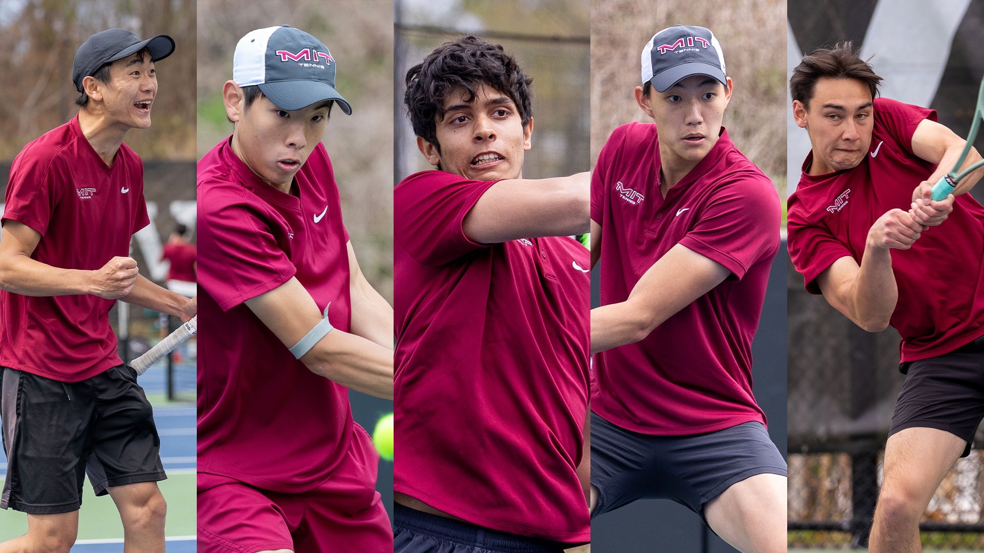 Action photos of five MIT men's tennis players