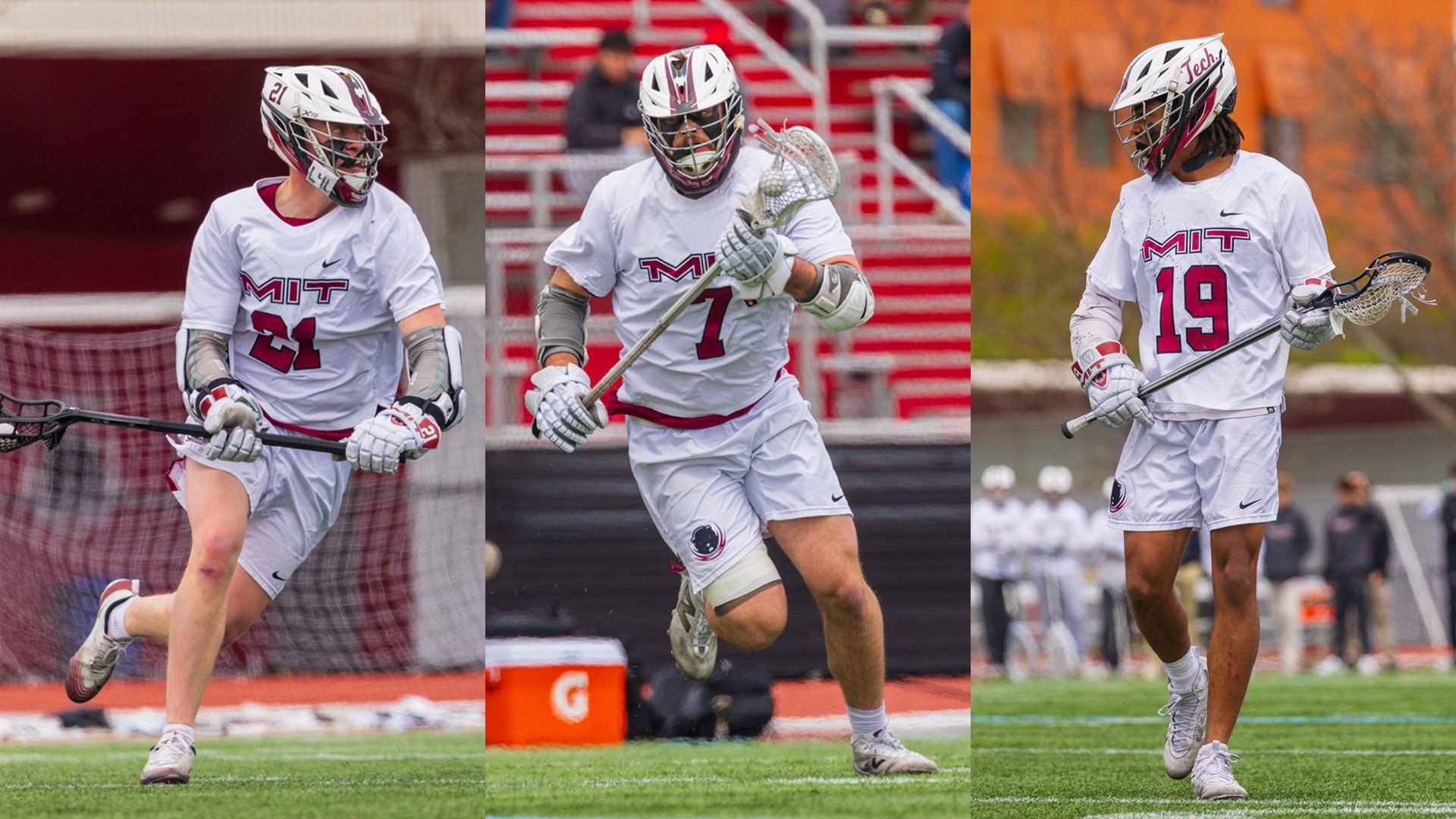 A graphic featuring action photos of Garrett Campagna, Zach Bleil, and Riley Pierce