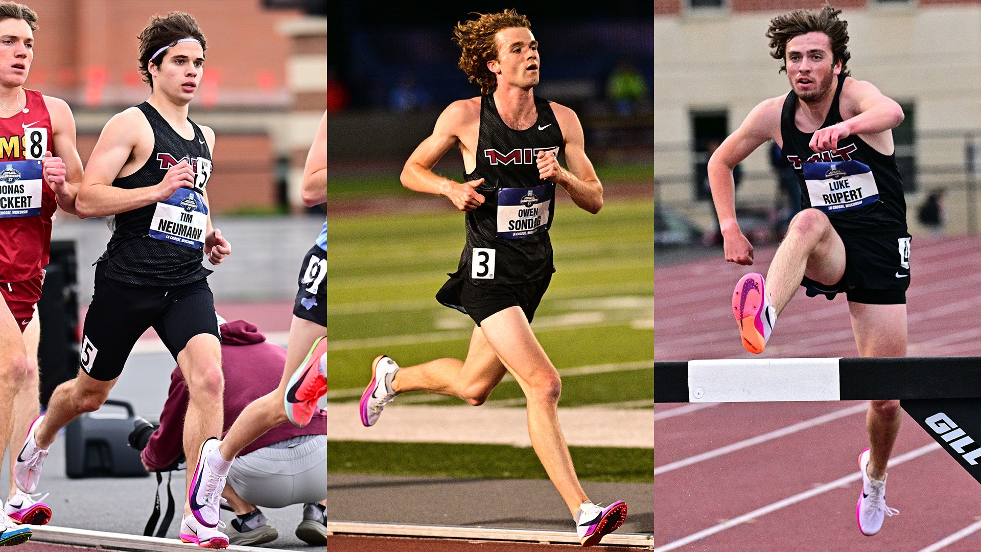 Tim Neumann, Owen Sondag, and Luke Rupert running on a track