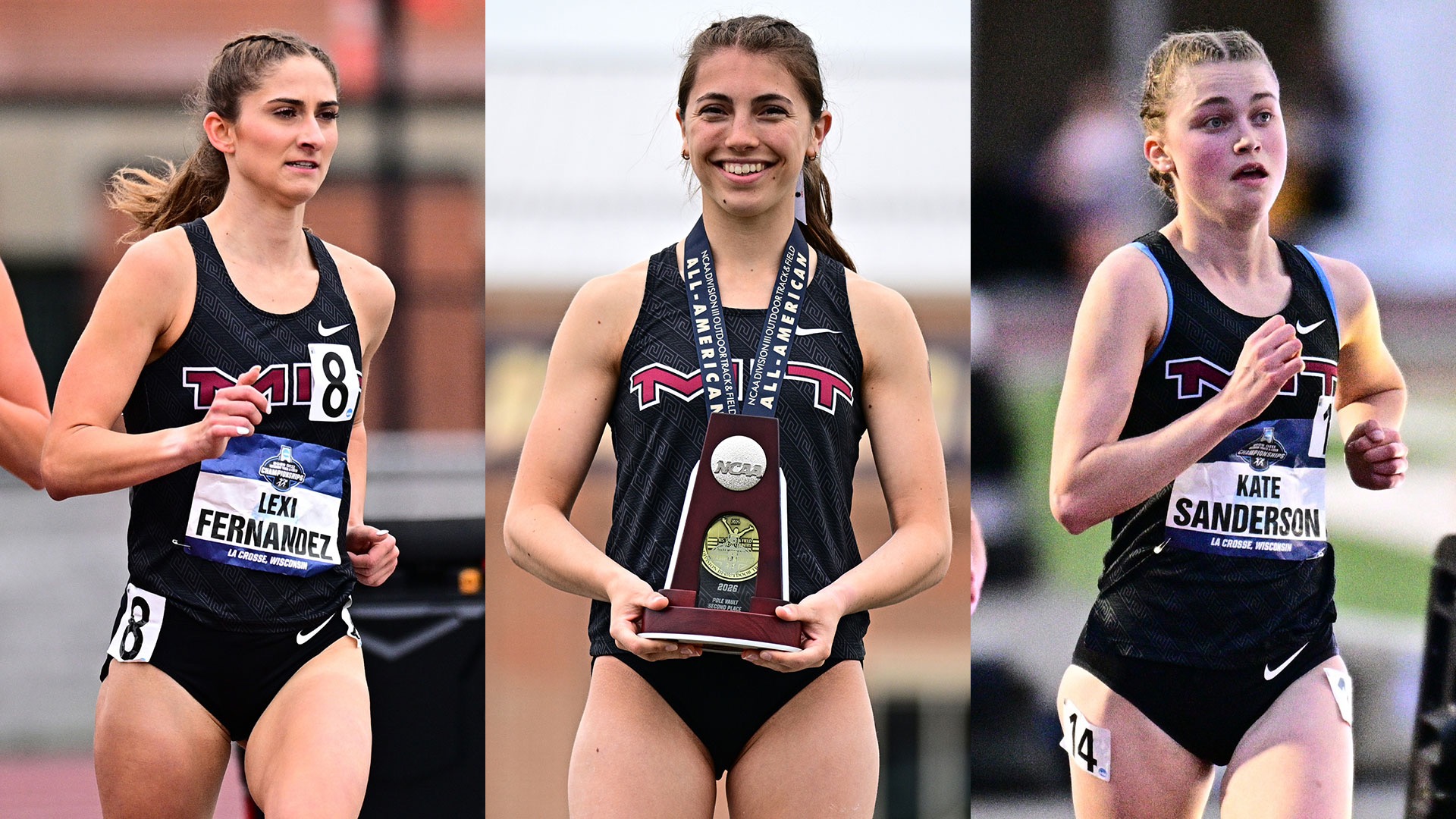 Lexi Fernandez running, Hailey Surace with a trophy, Kate Sanderson running