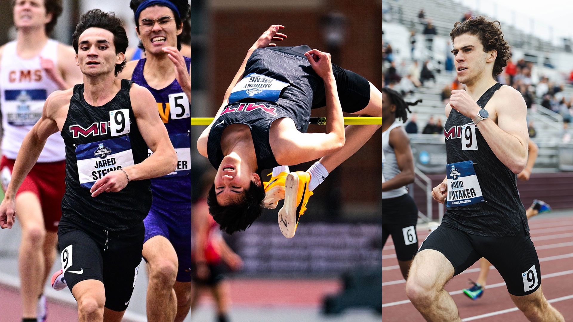 Jared Steins, Anthony Meng and David Whitaker running and jumping on a track