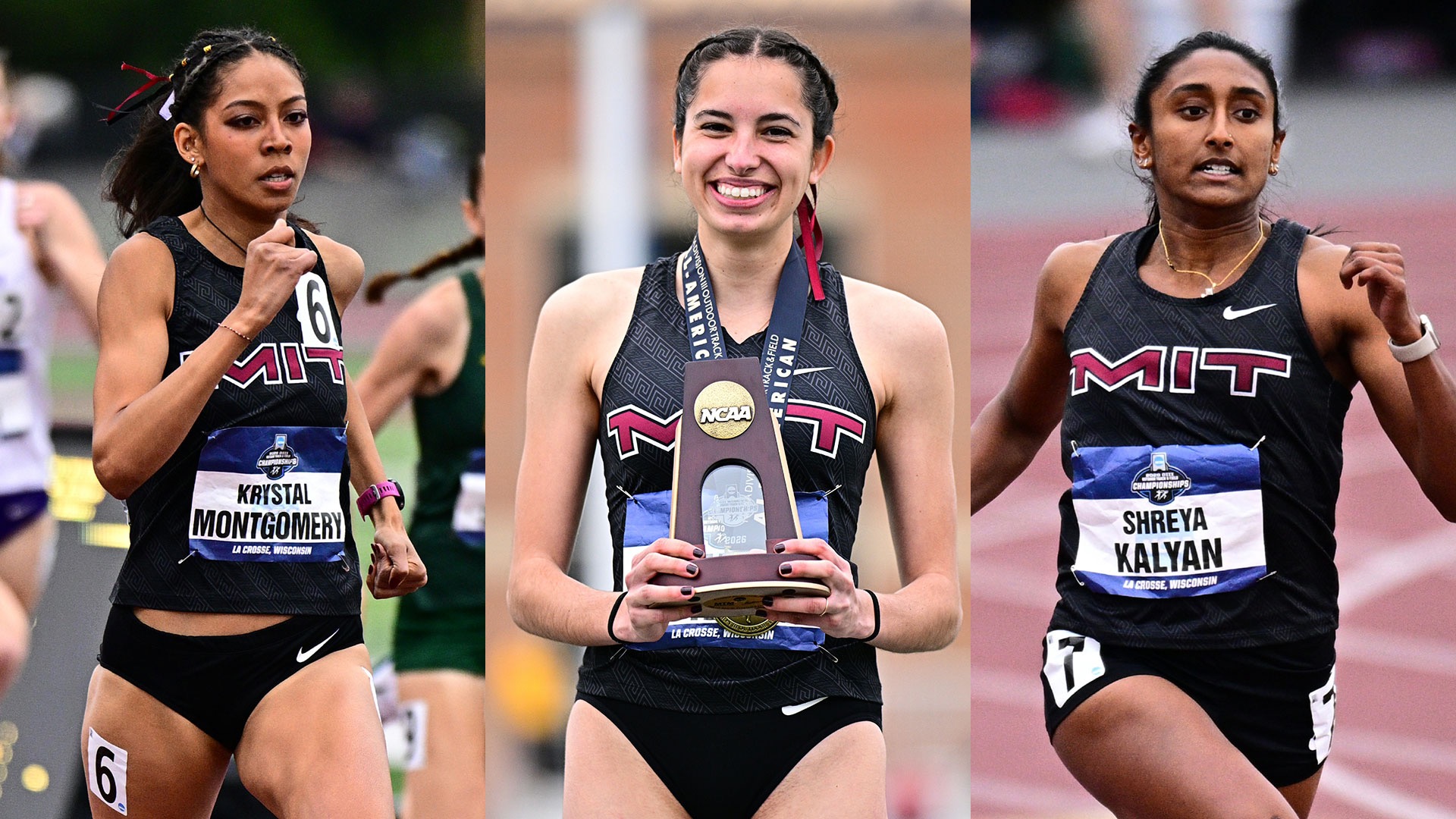 Krystal Montgomery and Shreya Kalyan running on a track, Amalaia Toutziaridi with a trophy