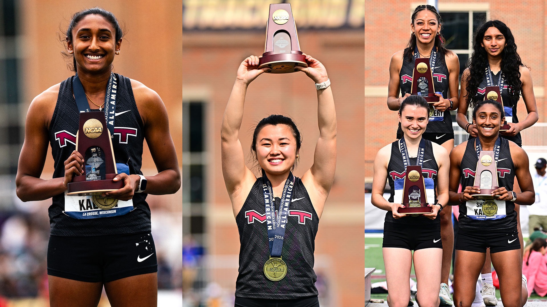 Shreya Kalyan, Elaine Wang and the MIT 4 x 400 relay team on the podium with trophies
