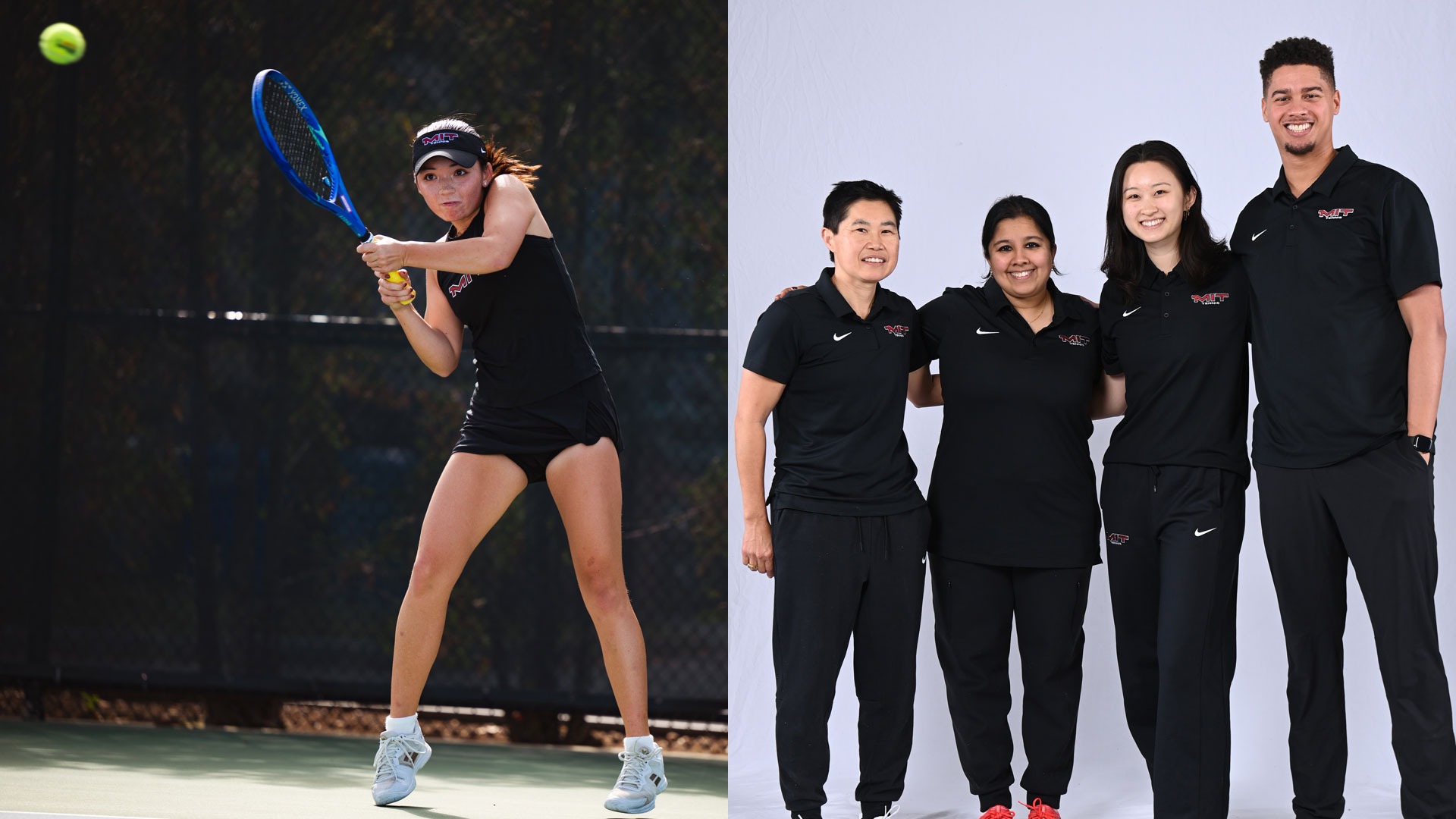 A graphic featuring an action photo of Katie Driscoll and a group picture of the women's tennis coaching staff