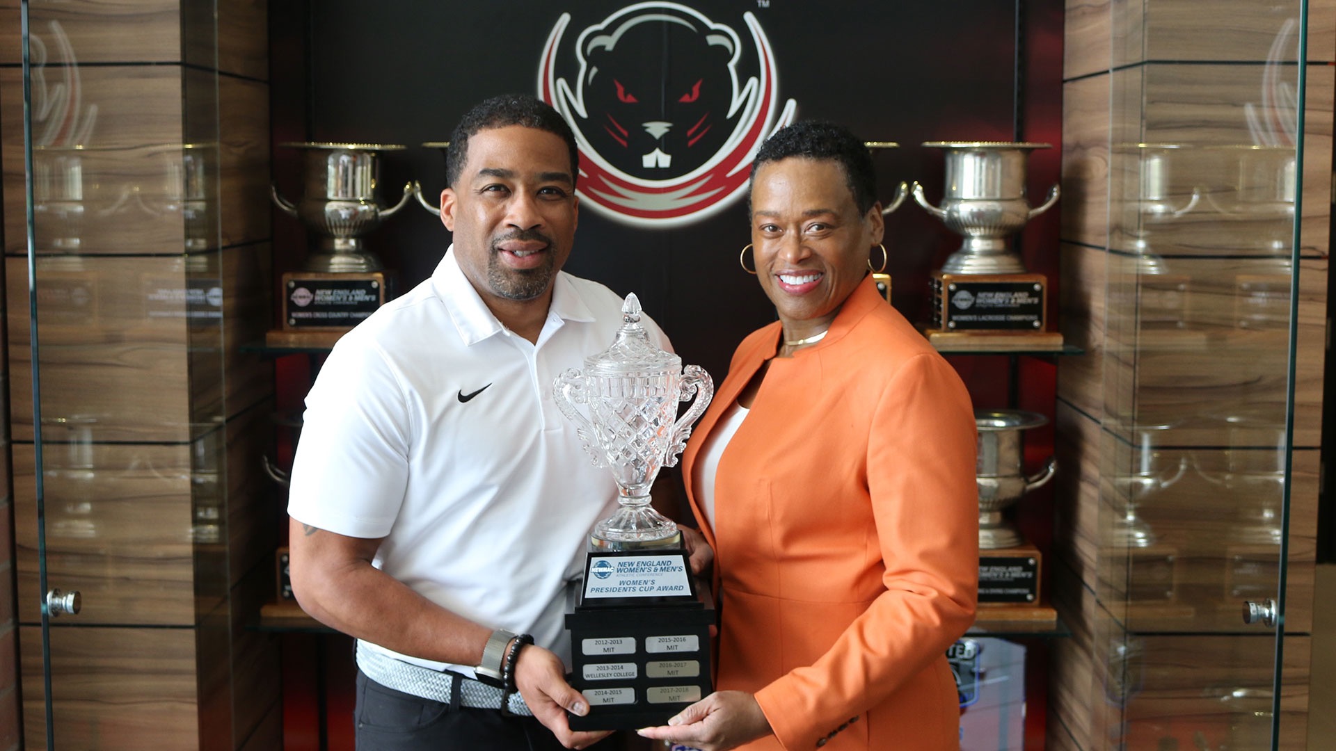 Dr. Grant and Chancellor Nobles with the NEWMAC Presidents Cup