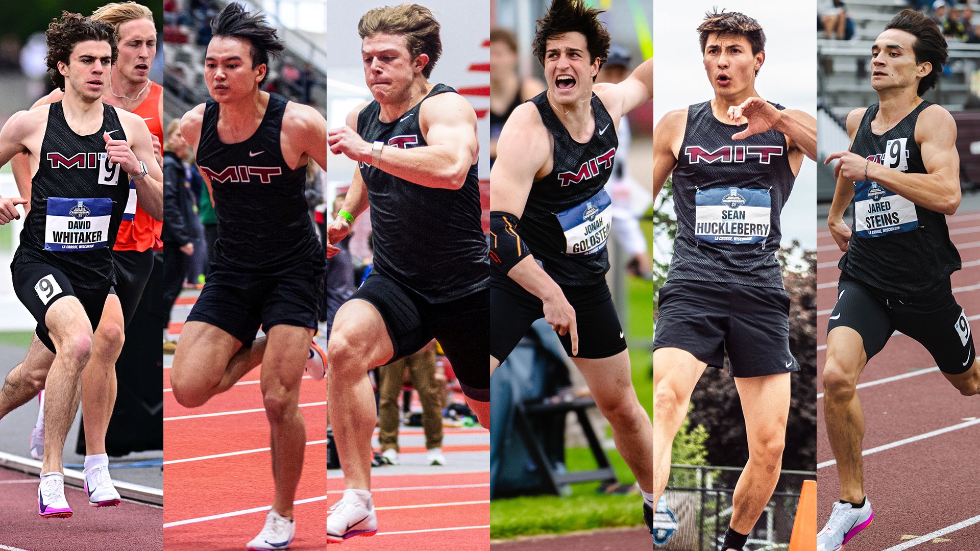 Members of the MIT men's track and field team in black uniforms