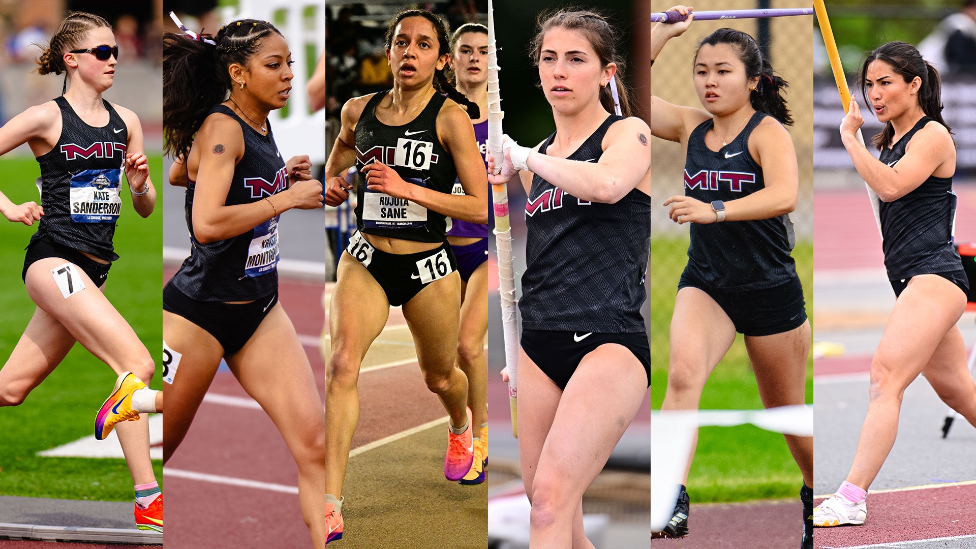 Members of the MIT women's track and field team in black uniforms