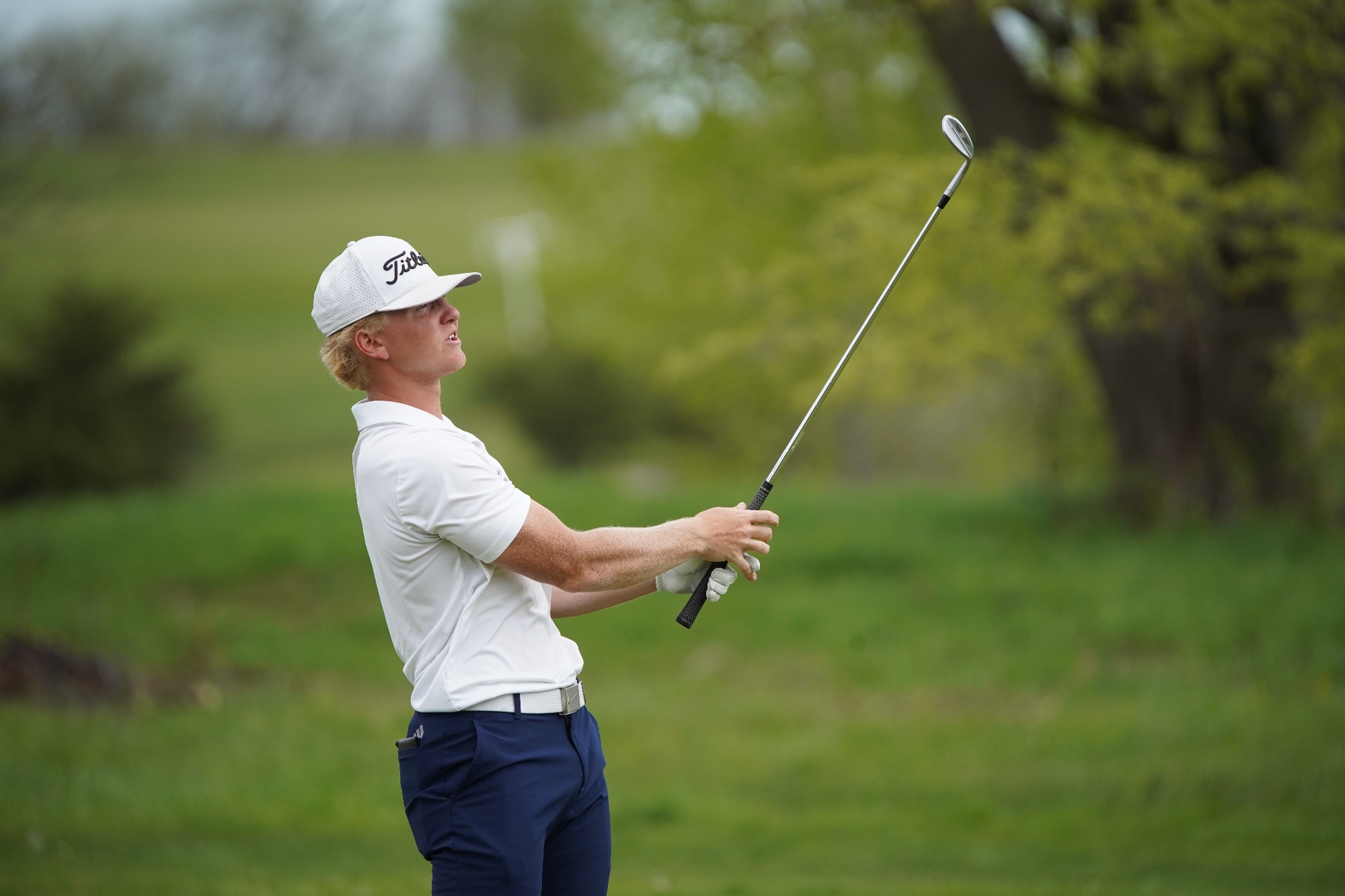 MORAVIA, IOWA - APRIL 30: A golfer of the MidAmerica Nazarene Pioneers YYYYYYYY during the final round of the 2024 Men's Heart Conference Tournament at The Preserve on Rathbun Lake on Tuesday, April 30, 2024.    (Photo by Jordan Lester/William Penn Athletics)