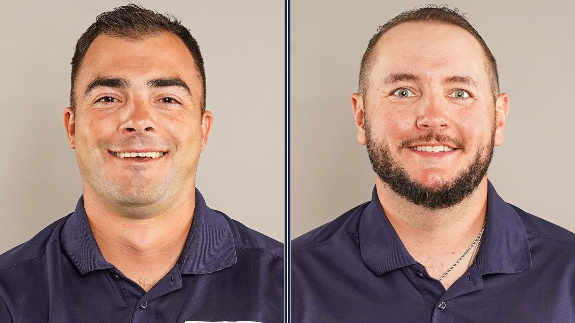 Side by Side Headshots of Baseball Assistants Trey Stover and Eric Reardon in blue polos