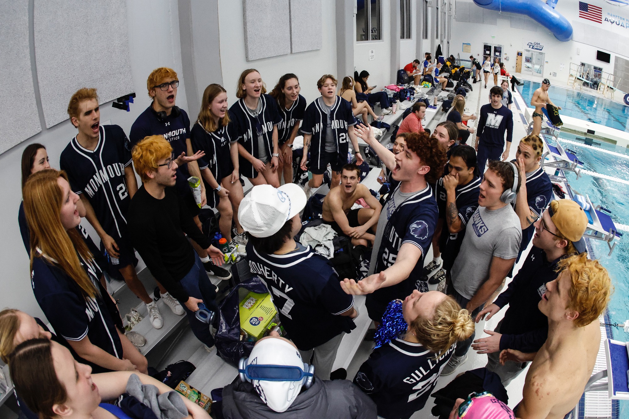 Team Huddle - CAA Swimming Championships, Thursday, Feb. 27, 2025, day session at Hampton Aquaplex - Hampton, Va..