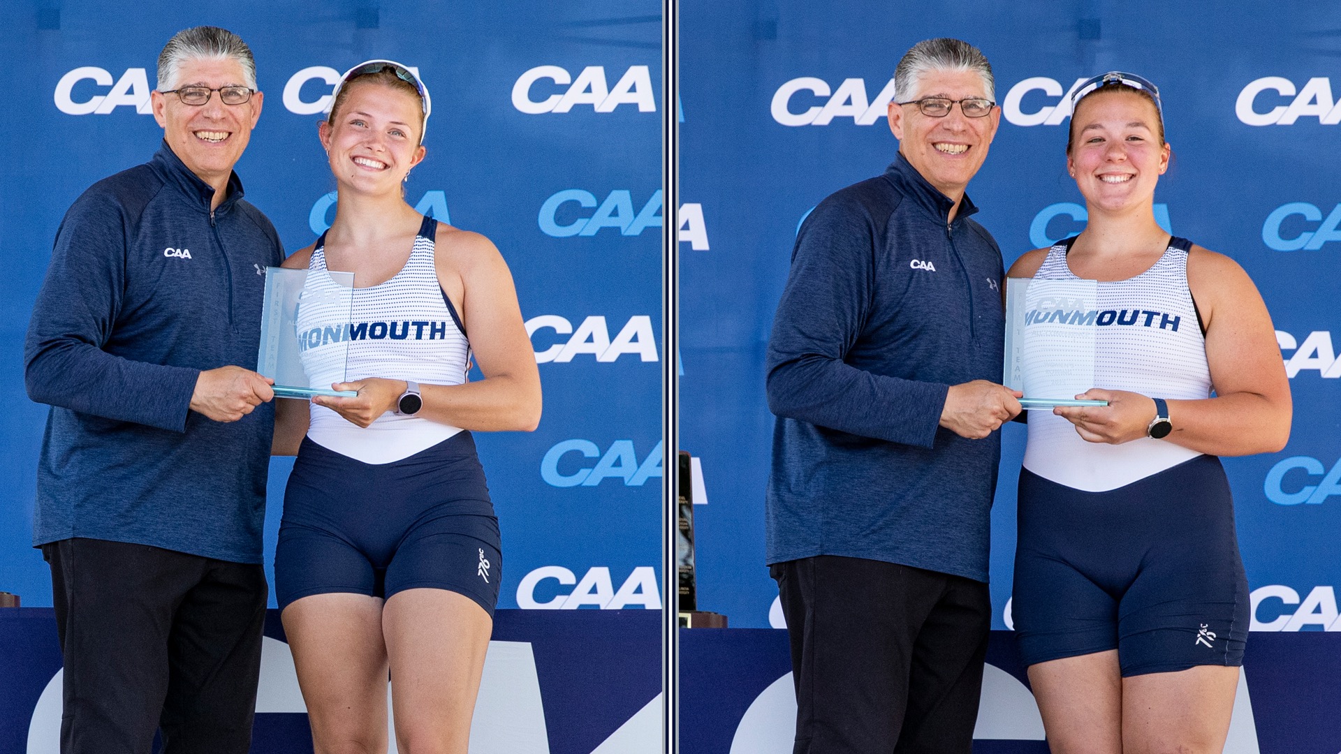 Split screen of Ashlyn Fehr and Sam Staubach standing with the CAA Commissioner and their All-CAA awards