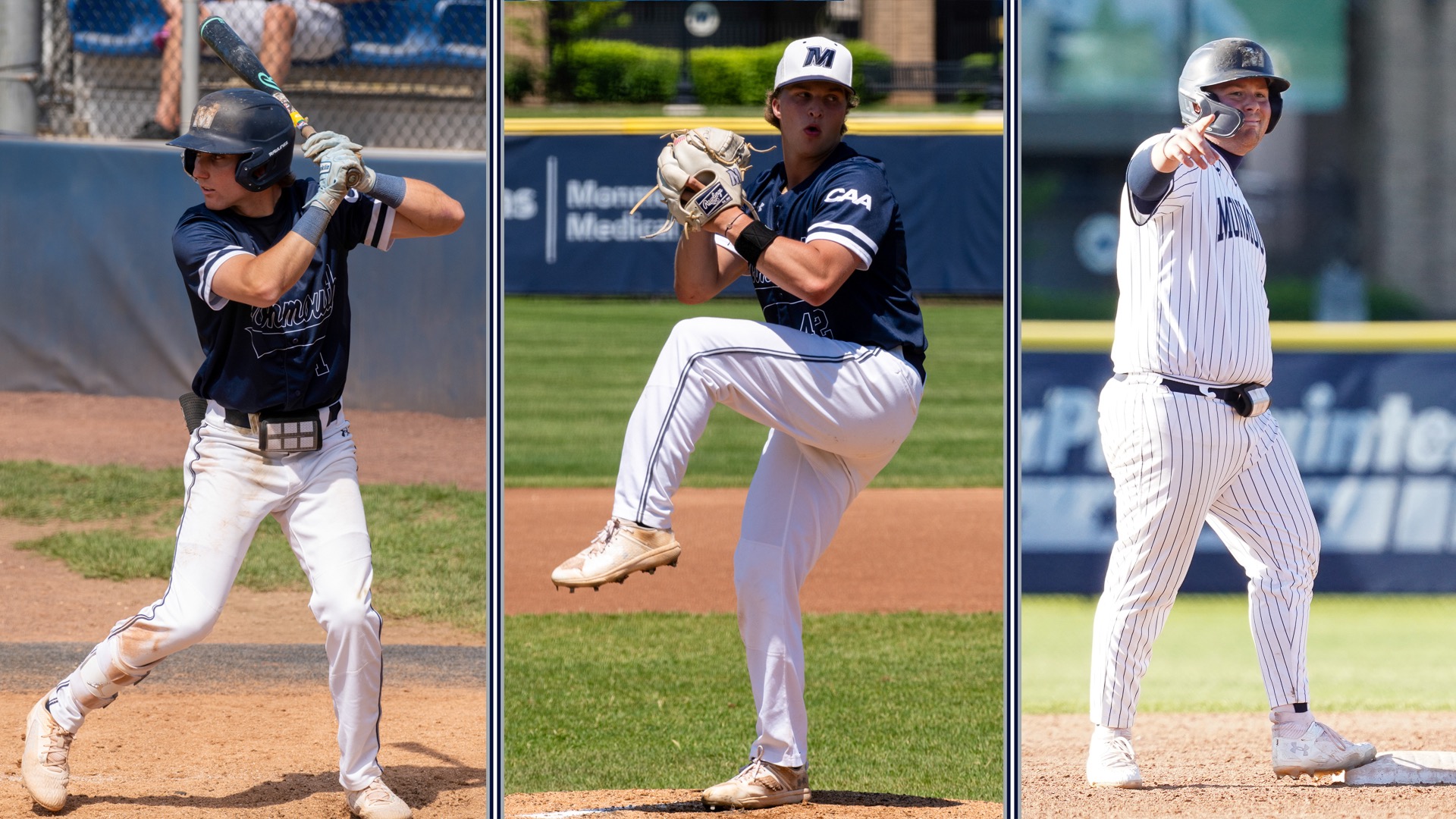Split screen of Casey Caufield standing at the plate, Ryan Mealy throwing a pitch and Jay Bant standing on Second