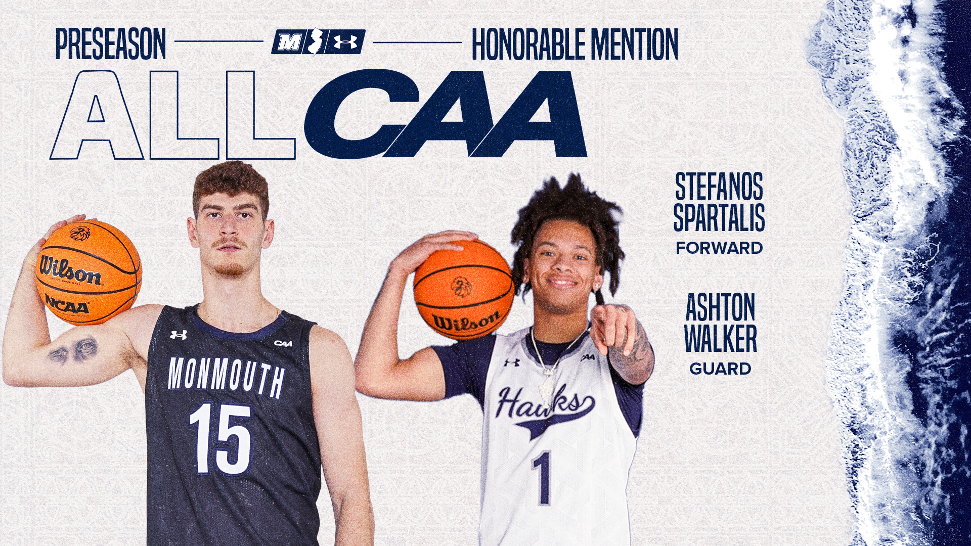 MBB Preseason All-CAA Honorable Mention - Stefanos Spartalis and Ashton Walker (cut outs of the guys with the ball on their shoulder with text)
