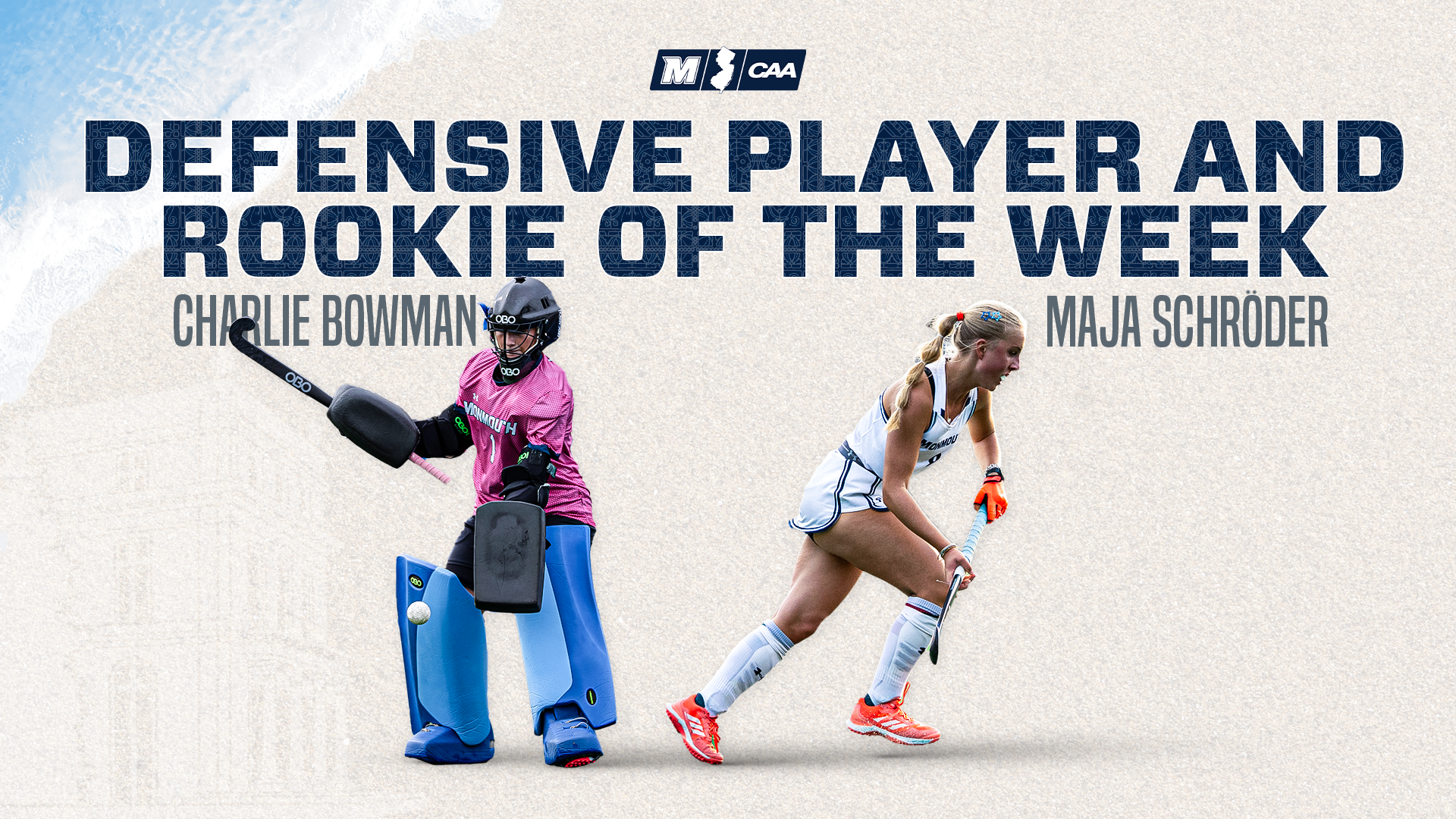 Charlie Bowman & Maja Schroder CAA Defensive and Rookie of the Week main story graphic