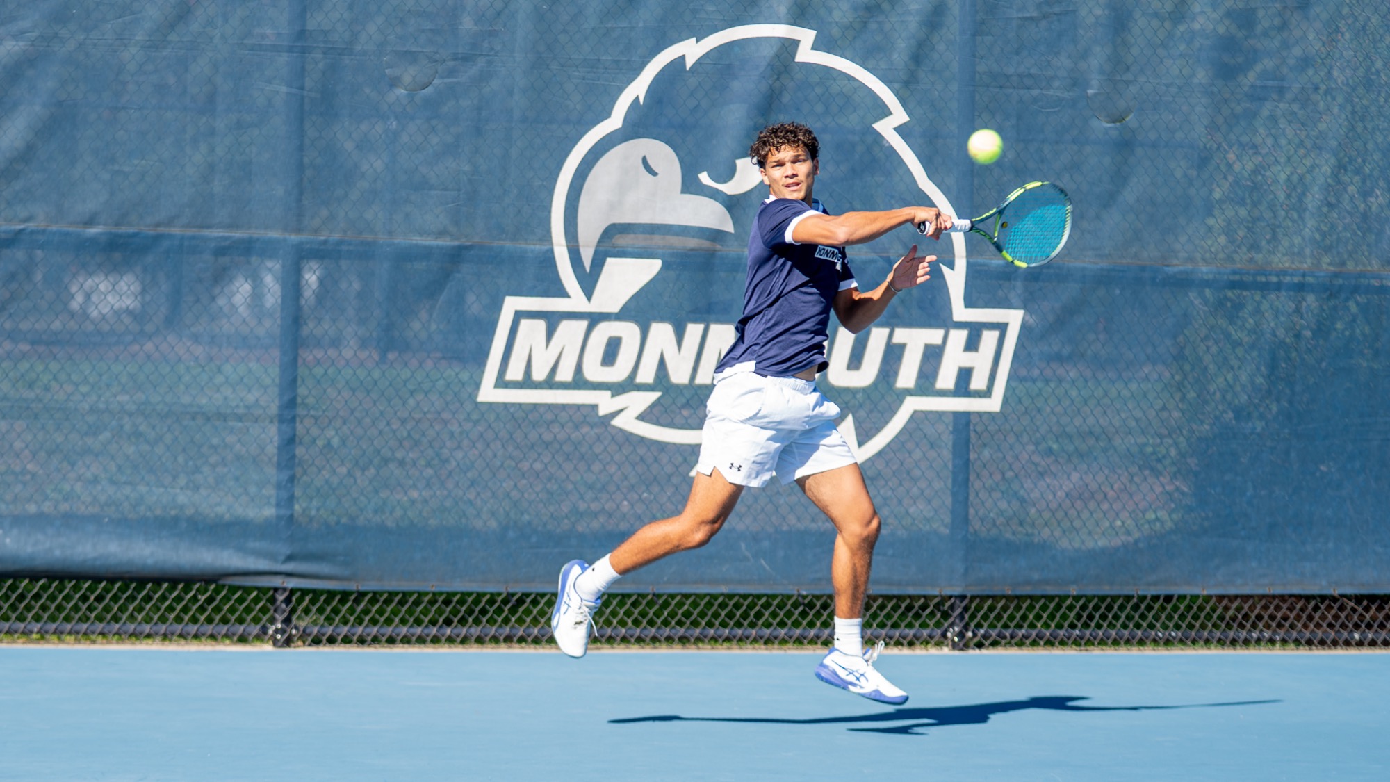 Luka Sauer Jimenez swings and hits the ball (Men's Tennis vs. Wagner 10.6.26)