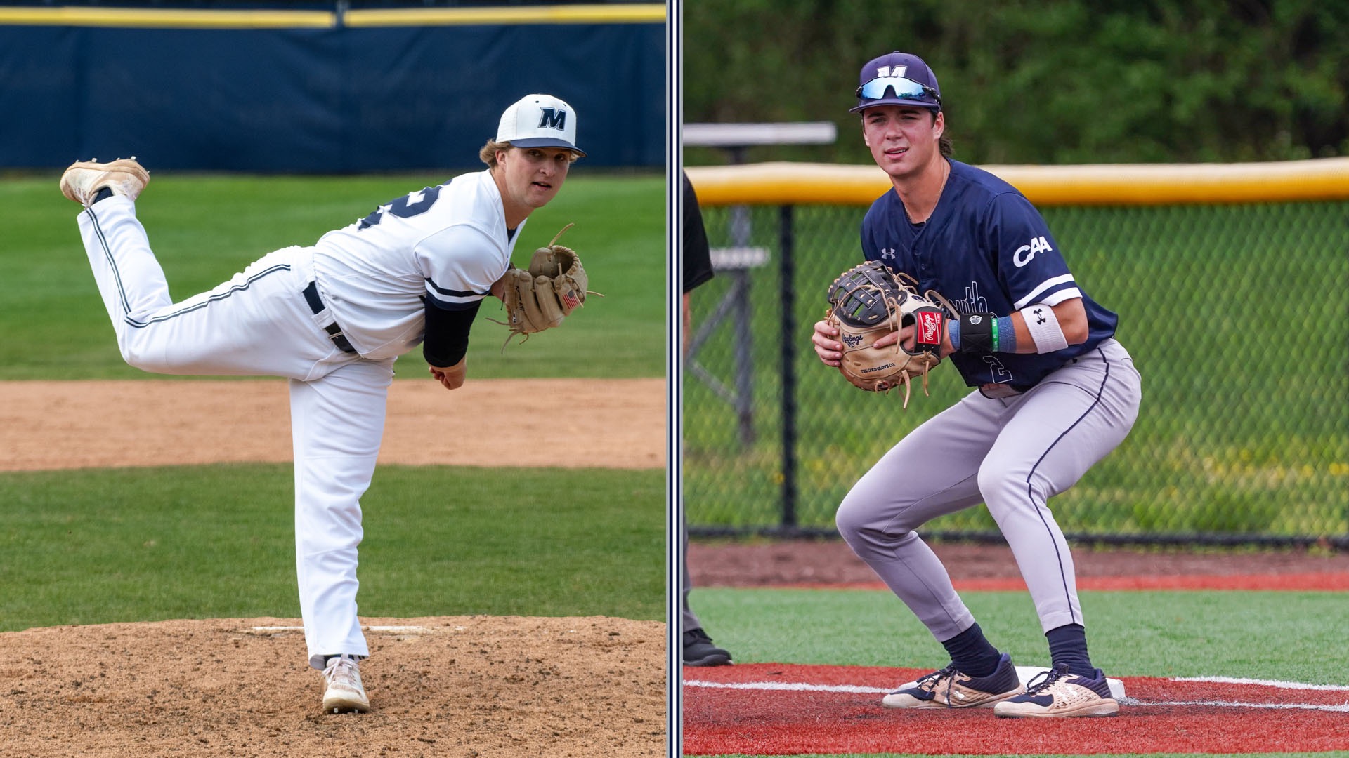 Split screen of Ryan Mealy throwing a pitch (in an all white uniform) and Chris Walsh in his stance at first base (blue top, gray pants)
