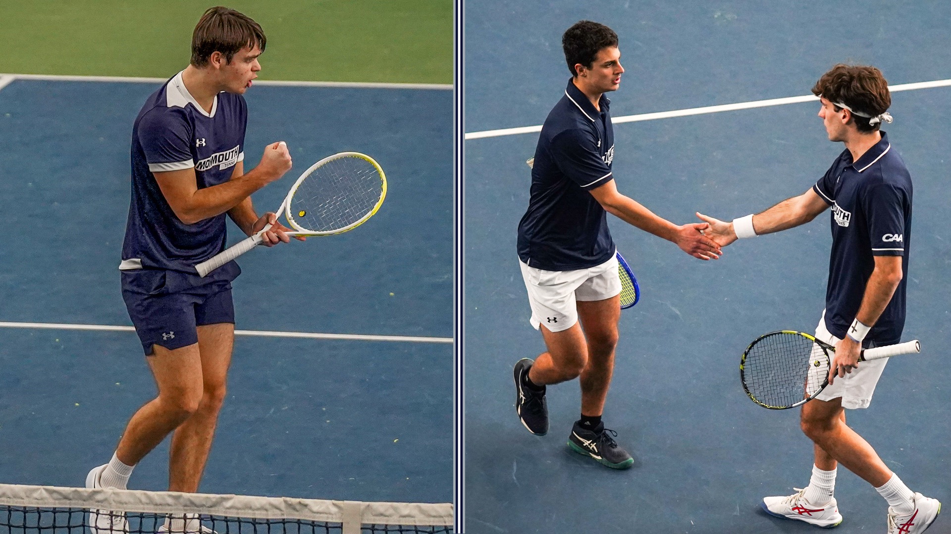 Split screen of Louis Keller pumping a fist and Alex Martinez Sanz and Sasha Vysochenko slap hands on the tennis court