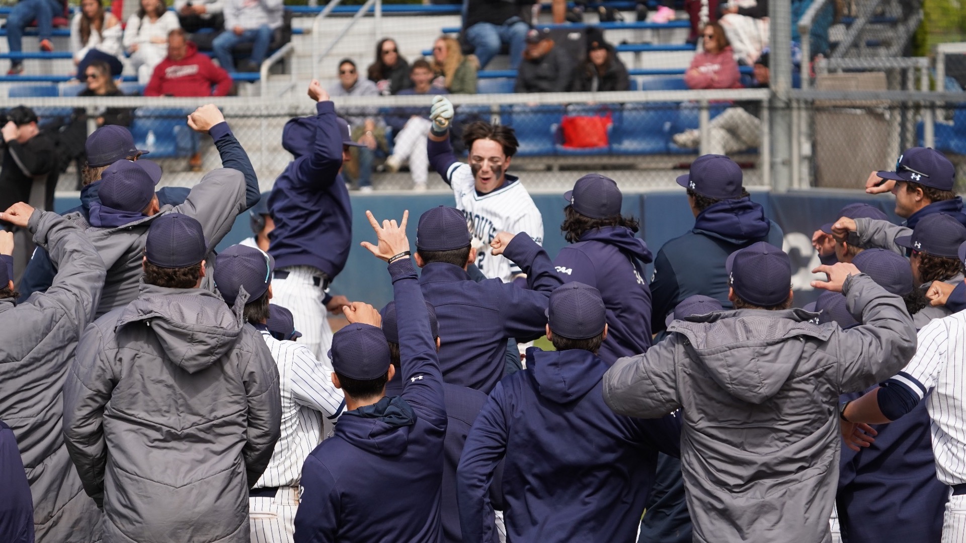 Chris Walsh jumps up in the air to celebrate with his teammates after a home run