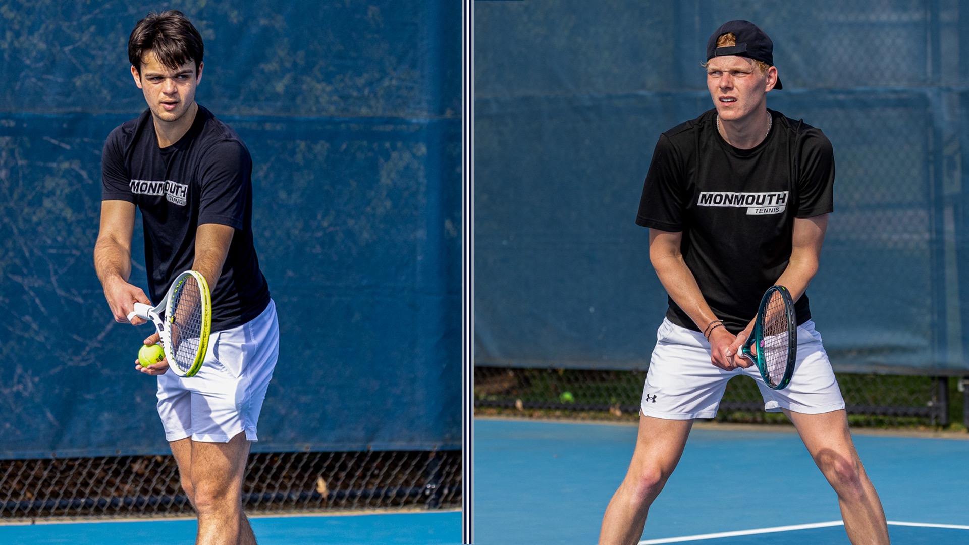 Split screen of Louis Keller and Jakob Bonnett ready to hit the ball