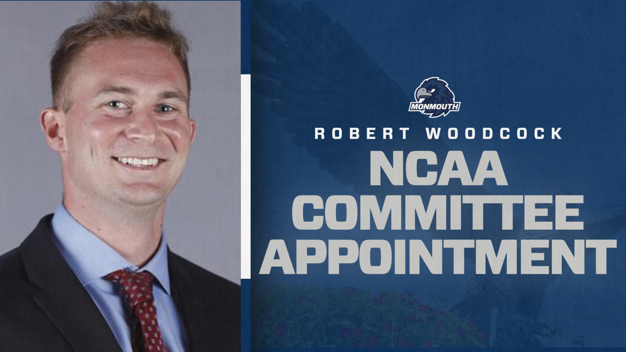 Split screen (head and shoulders mug shot of Robert Woodcock along with text stating his name and NCAA Committee Appointment)