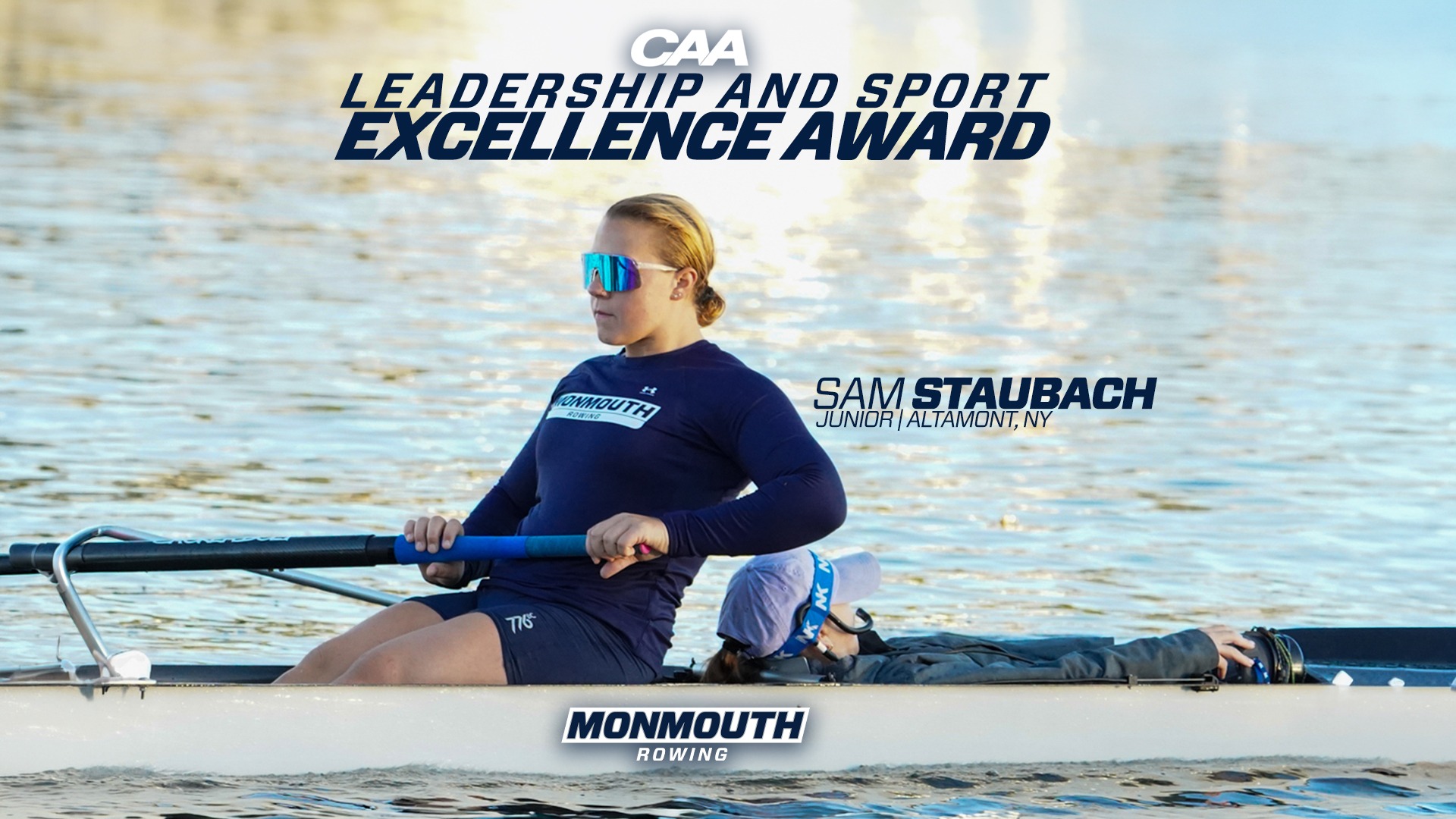 Sam Staubach CAA Rowing Leadership and Sport Excellence Award winner main story graphic