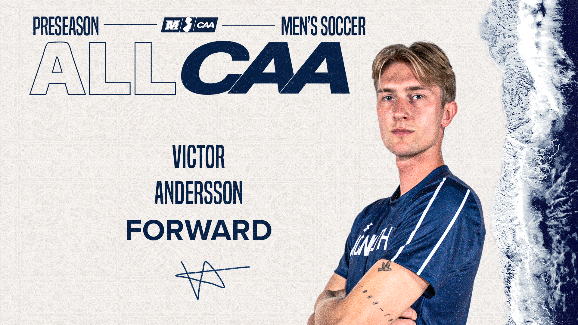 Victor Andersson Preseason All-CAA (shot off Victor Andersson with his arms crossed and text saying Preseason All-CAA)