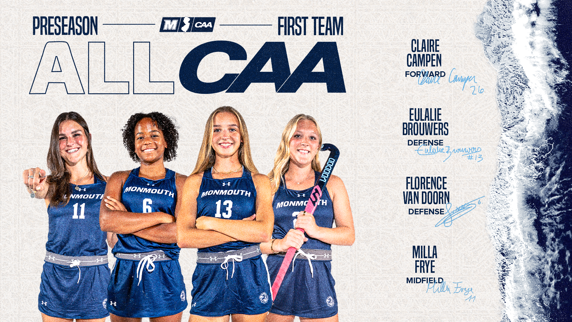 Field Hockey CAA Preseason All-CAA Milla Frye, Florence van Doorn, Eulalie Bouwers, Claire Campen main story graphic