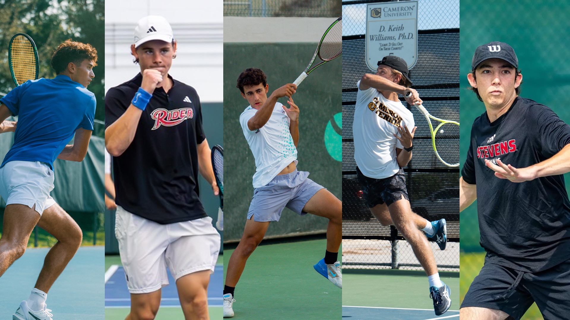 Split screen of the five men's tennis recruits playing tennis