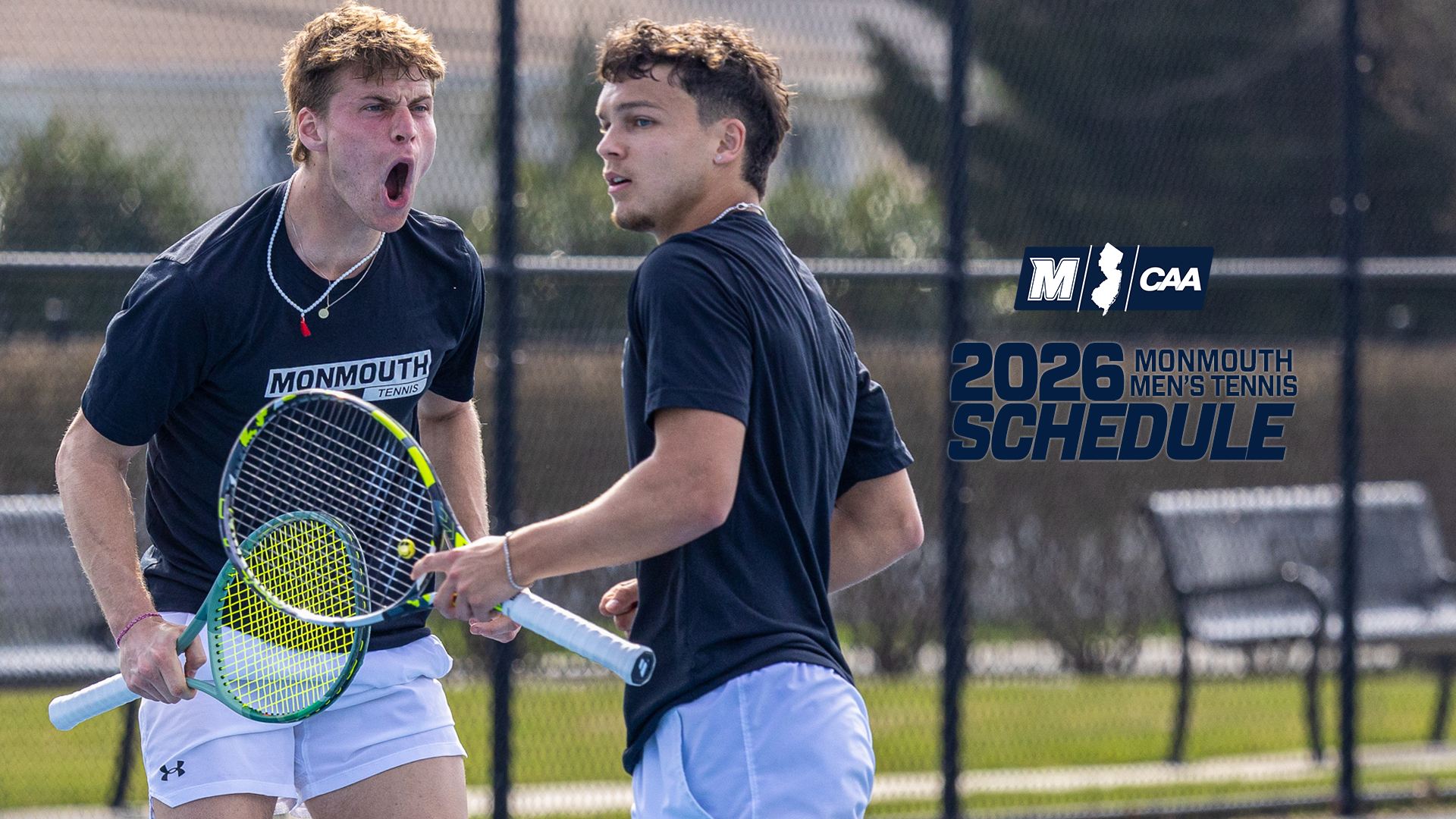 Men's Tennis - Fall 2026 Schedule Graphic (Pictures of two men's tennis players celebrating a point with text saying Monmouth Men's Tennis Schedule)