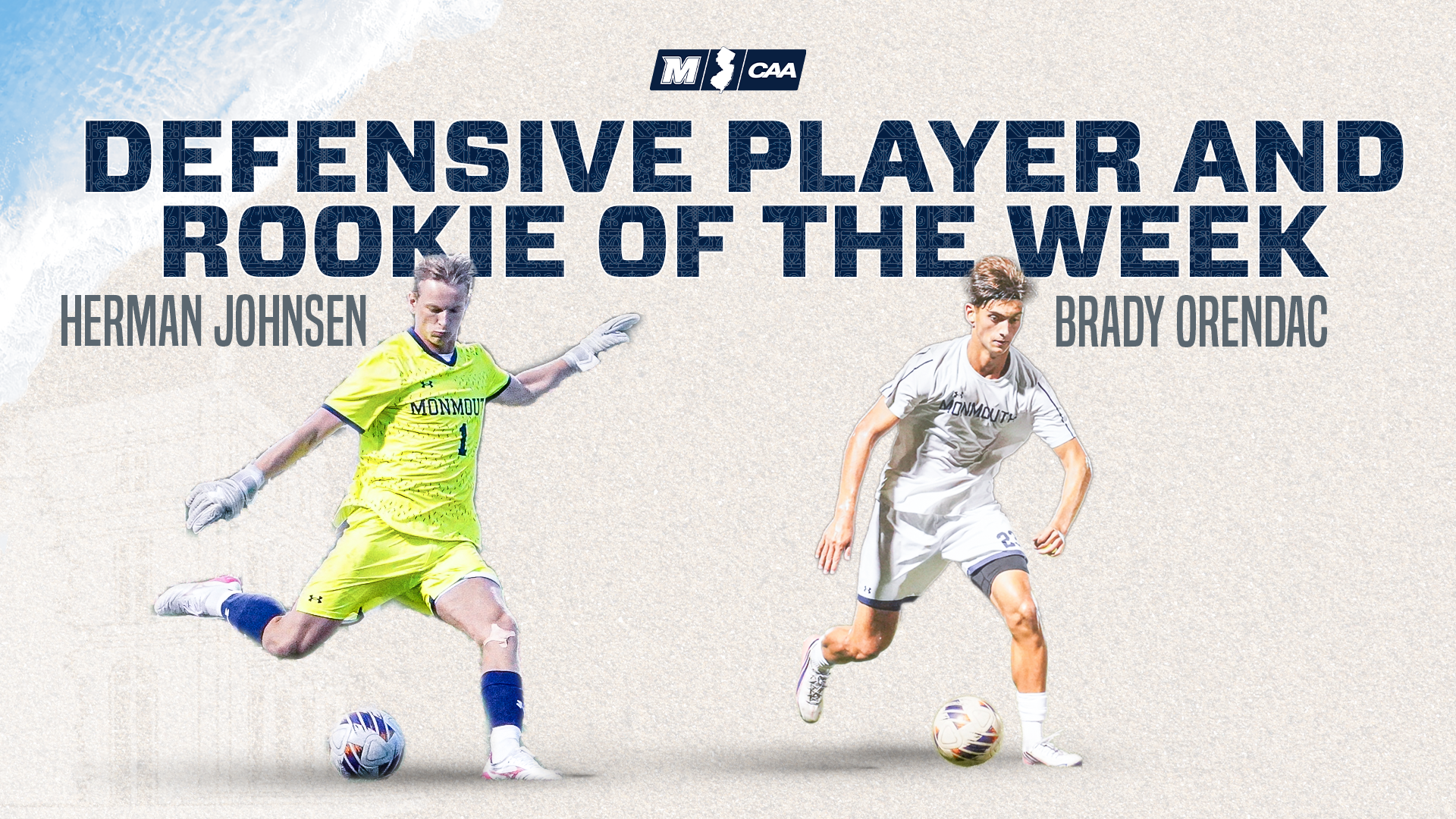 Herman Johnsen and Brady Orendac - CAA Players of the Week (action shots of Herman Johnsen and Brady Orendac kicking the ball)