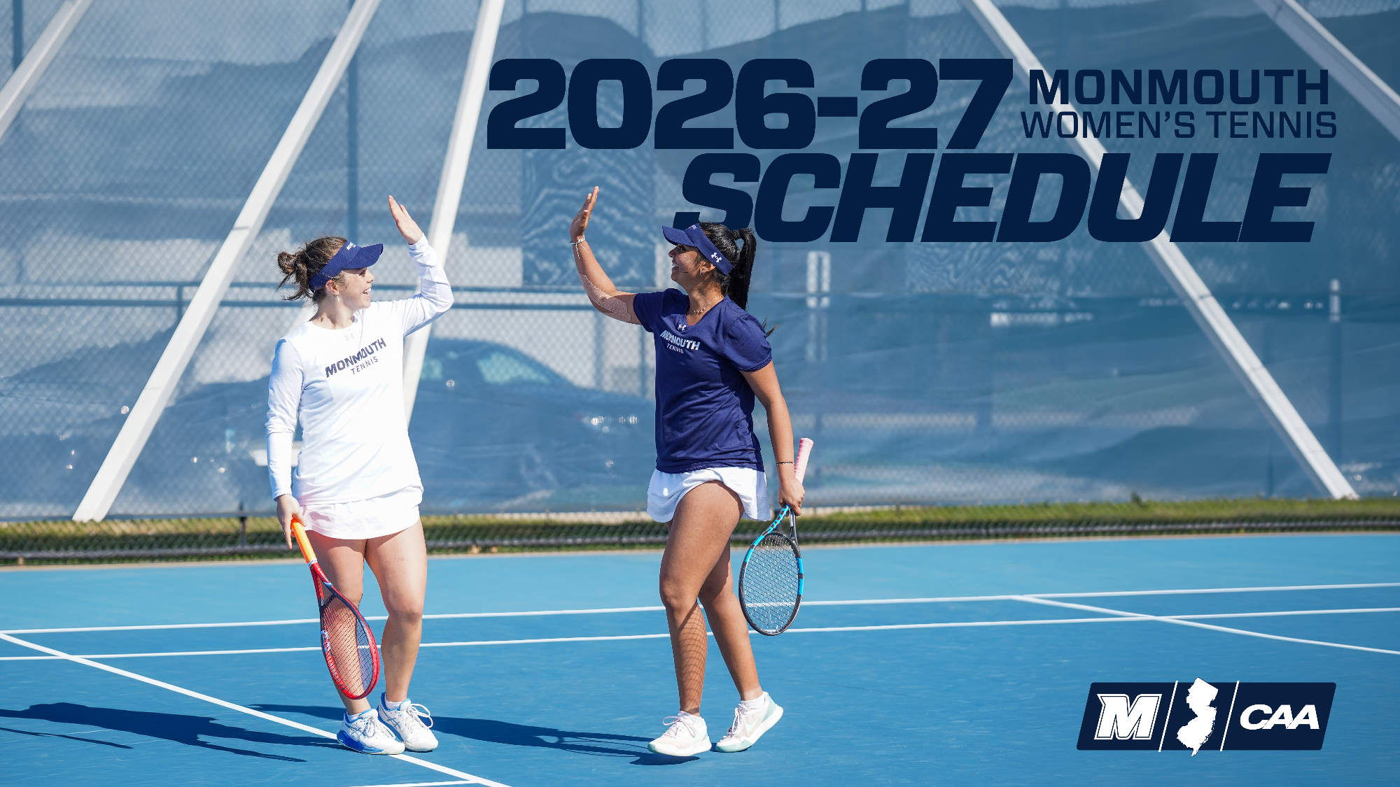 Picture of Faith Sadgrove and Pavi Parikh high fiving and text saying Monmouth Women's Tennis Schedule
