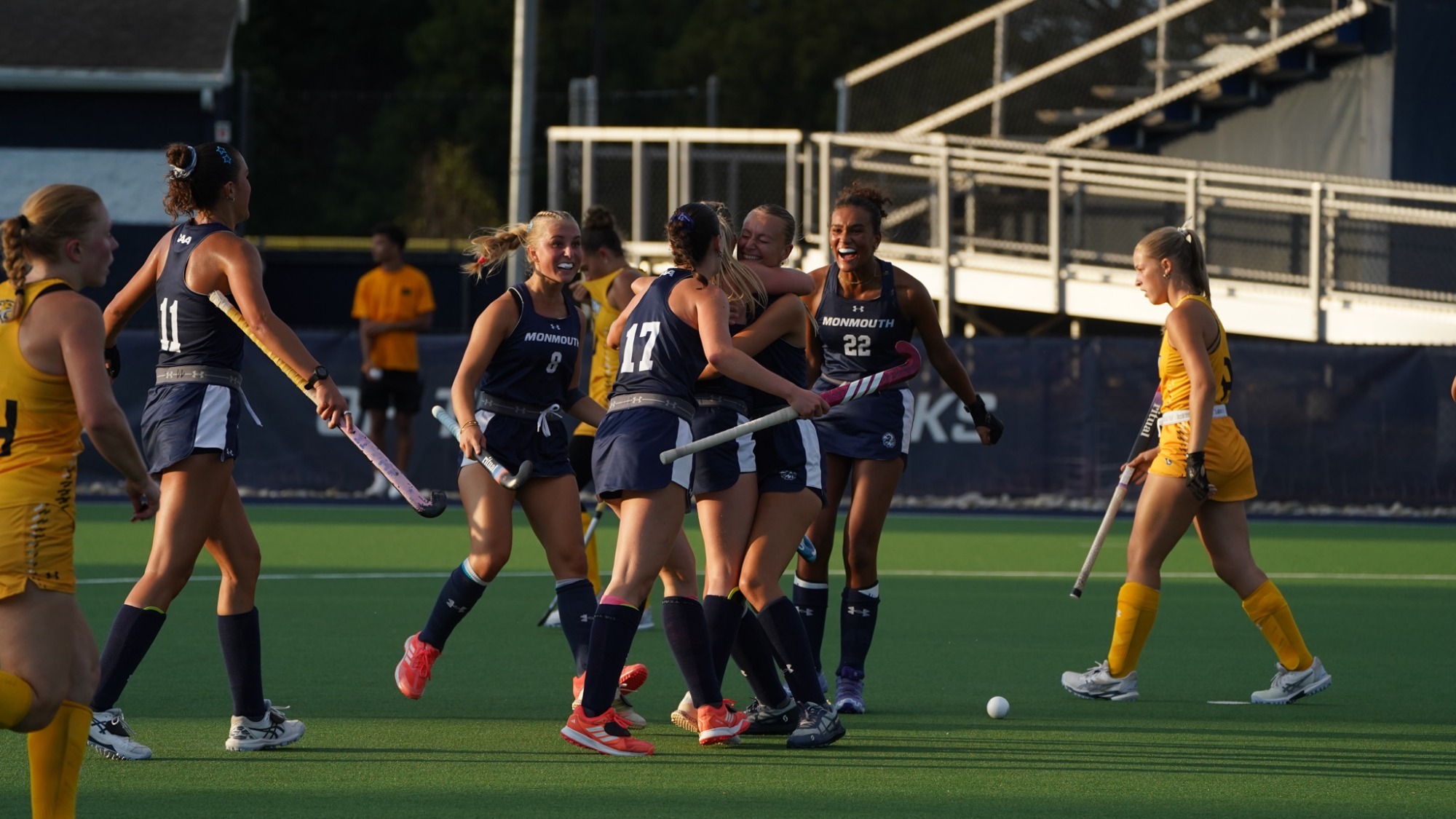 Maja Schroder, Lauren Relik, Maia McCourt and Alicia Vanderlyde celebrate Eabha Curran's game winning goal 