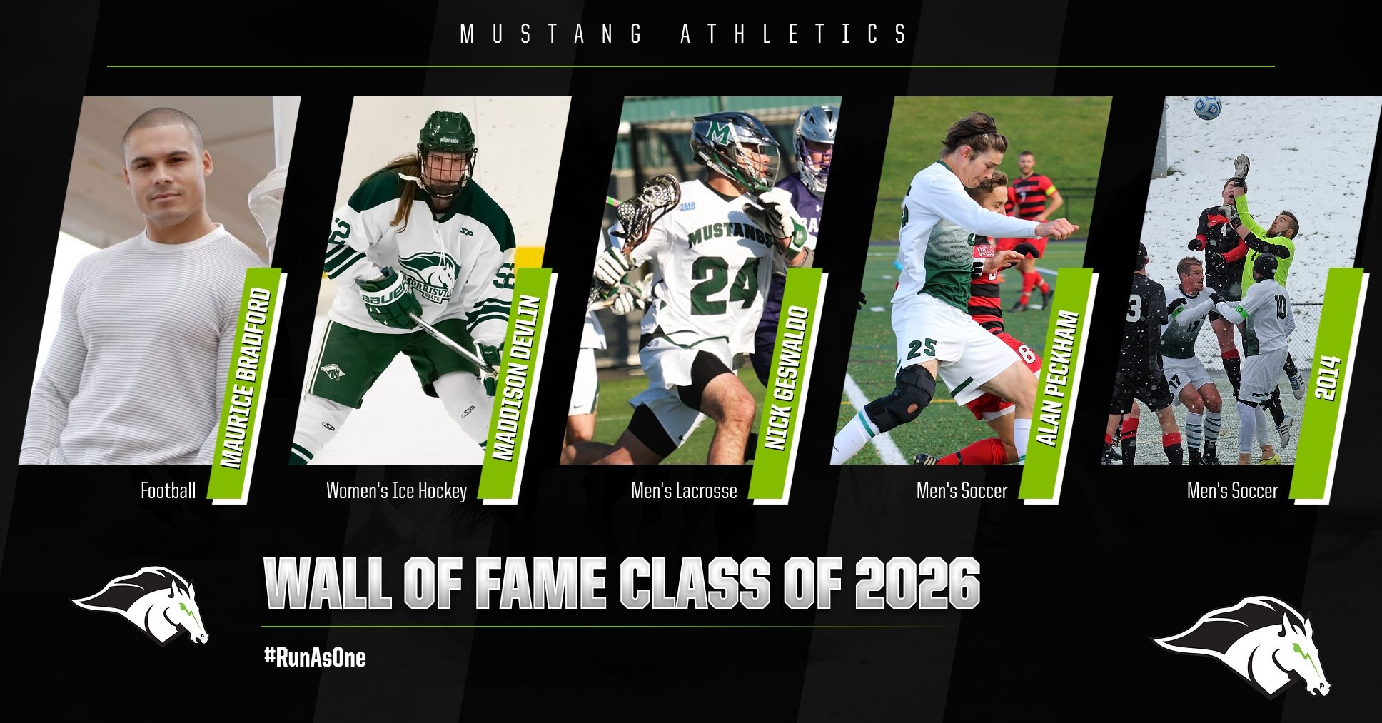 Class of 2026 SUNY Morrisville Wall of Fame Inductees: Maurice Bradford, Maddison Devlin, Nick Geswaldo, Alan Peckham and the 2014 Men's Soccer Team
