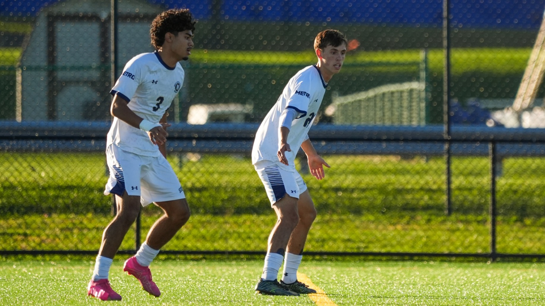 Christian Kyriacou (left) and Thomas Dix (right) communicate with each other prior to a set piece