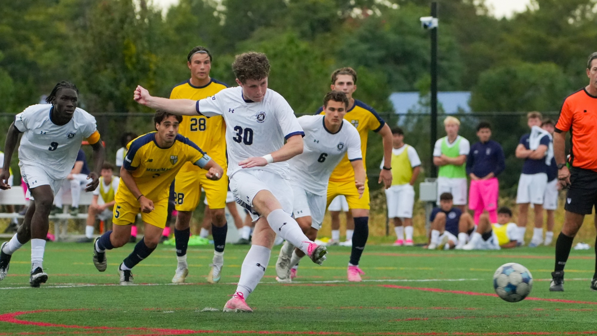Lincoln Bauer Shoots a Penalty Kick Against Merrimack