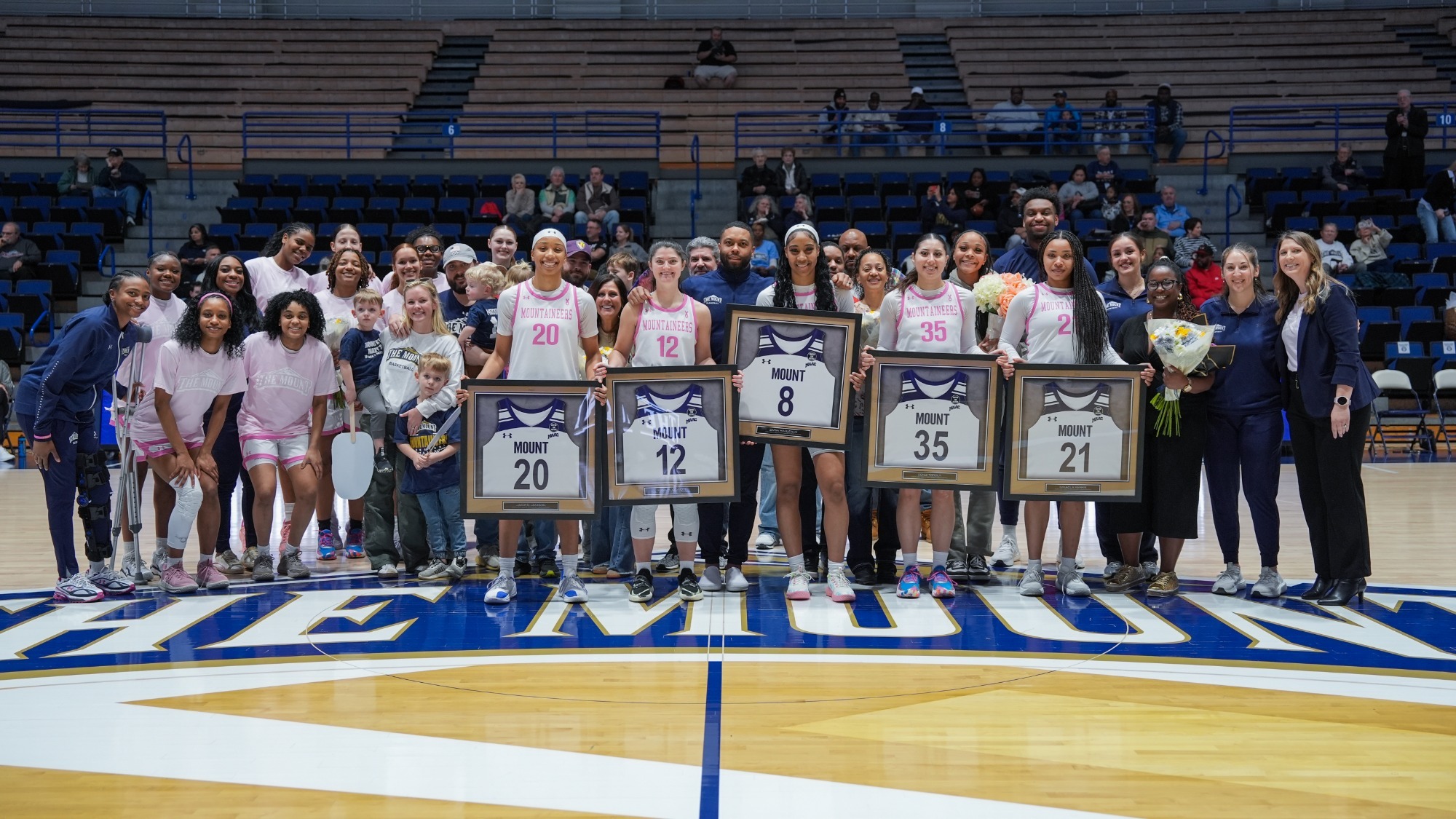 Mount St. Mary's Women's Basketball Senior Class Photo Honoring Zaria Harleaux, Mikaela Parris, Deniz Torgut, Giana Hoddinott, and Jaedyn Jamison