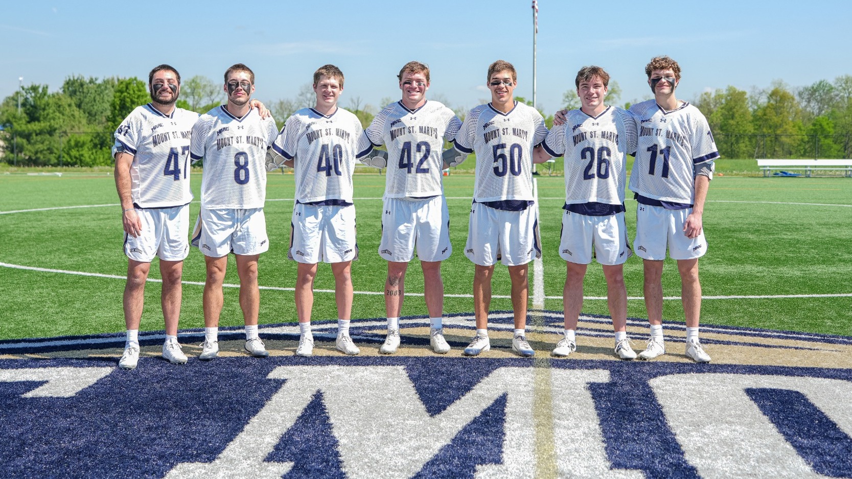 Mount Men's Lacrosse Seniors 2026 (L to R: Rauner, Schaffer, Whitty, Committee, Fasulka, Connelly, Gould)