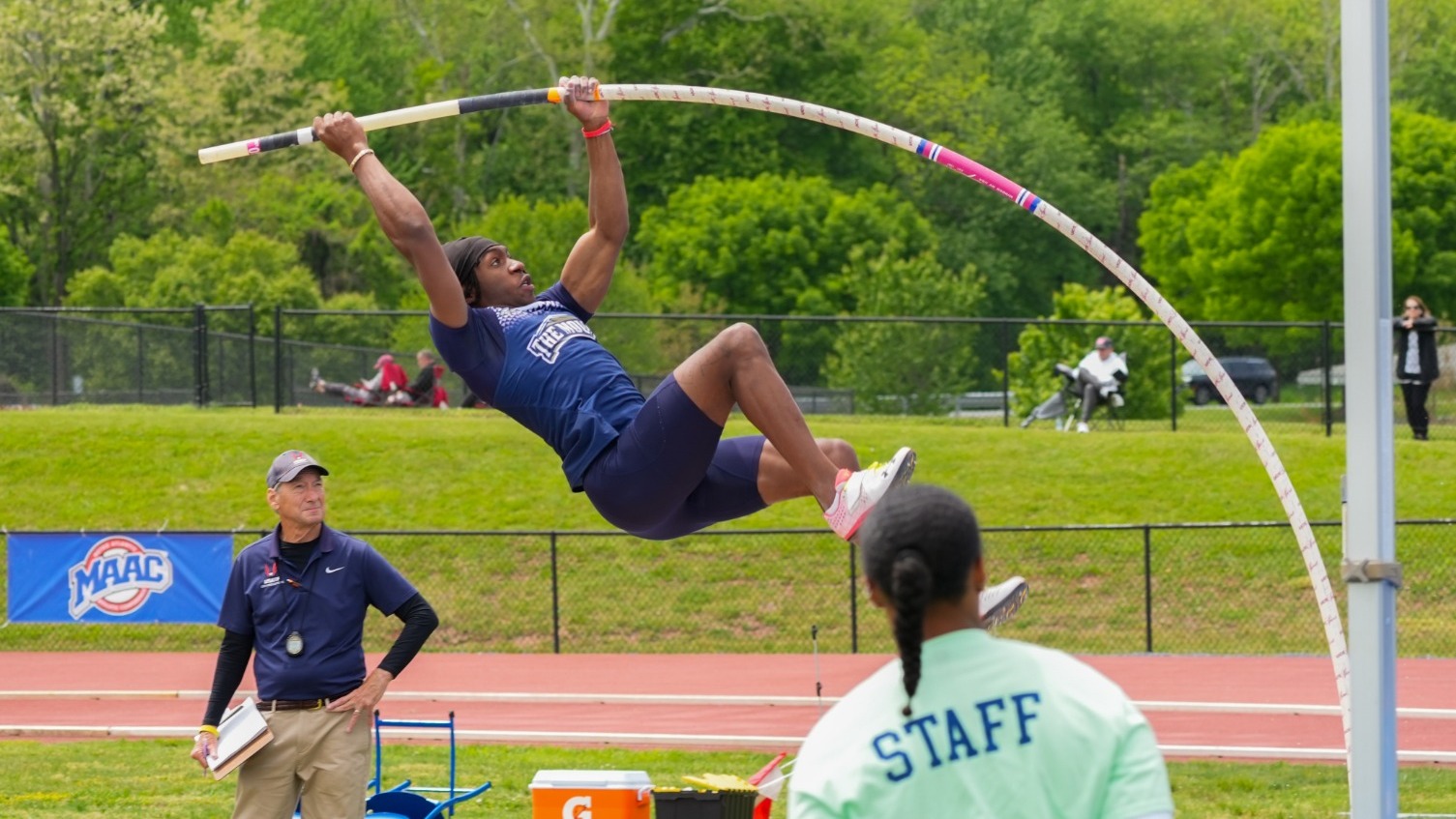 Tyler Cash in Midflight for the Pole Vault at MAAC Championships