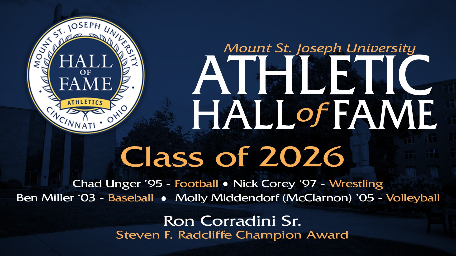 MSJ Athletic Hall of Fame Class of 2026, Chad Unger, Nick Corey, Ben Miller, Molly Middendorf & Ron Corradini Sr. 