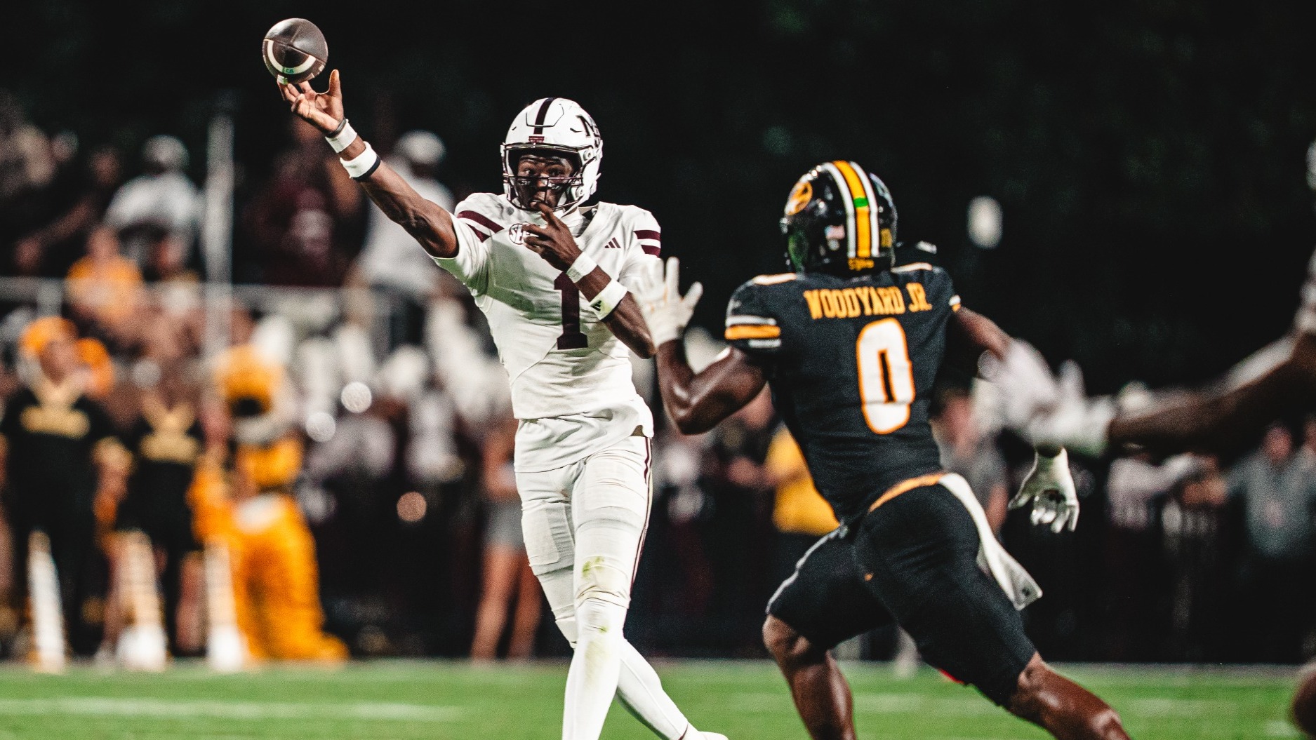 Kamario Taylor throws for Mississippi State against Missouri during the Bulldogs' 31-24 ranked win in 2026