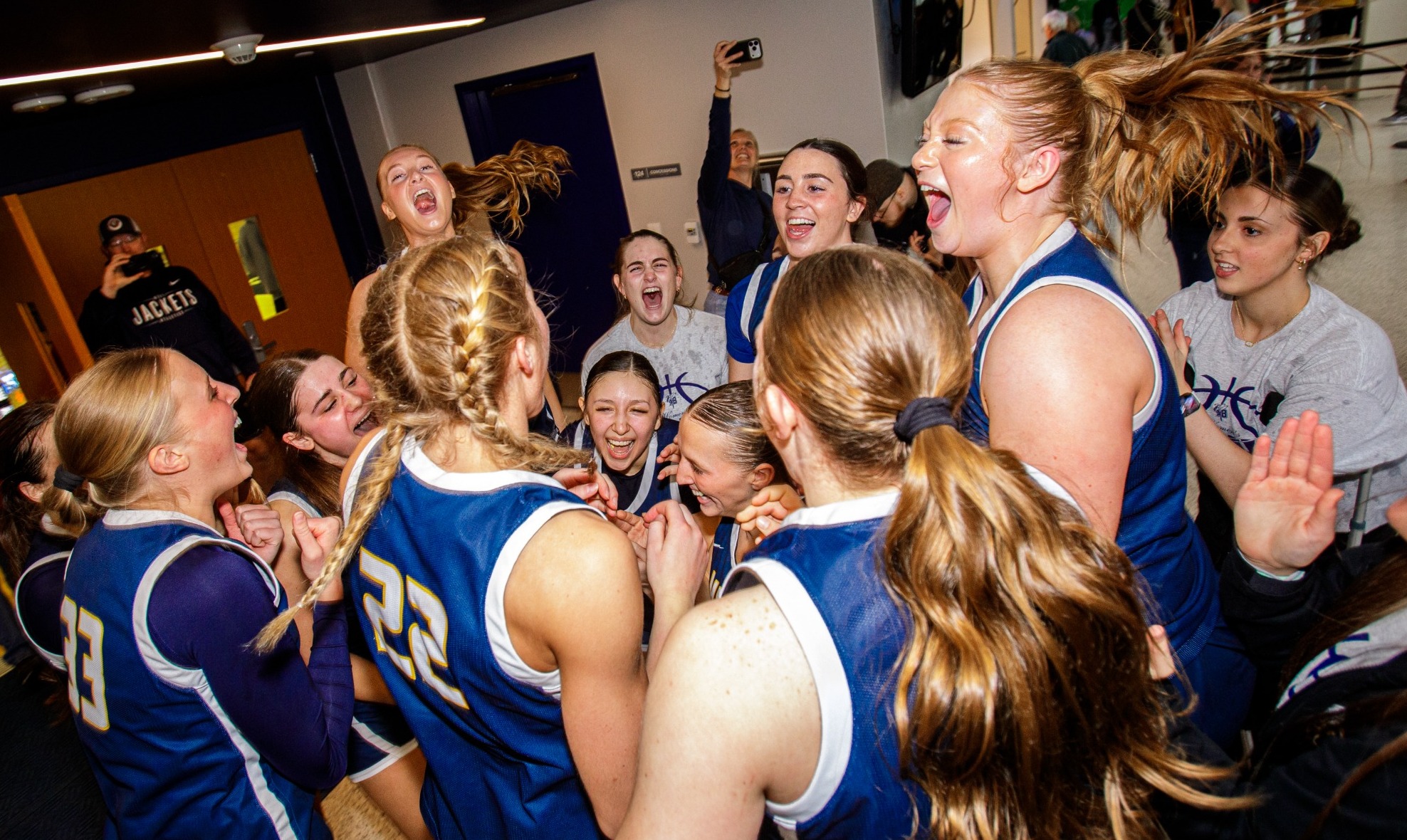 The MSUB women's basketball team celebrates it's win over Central Washington in the GNAC Championships semifinals