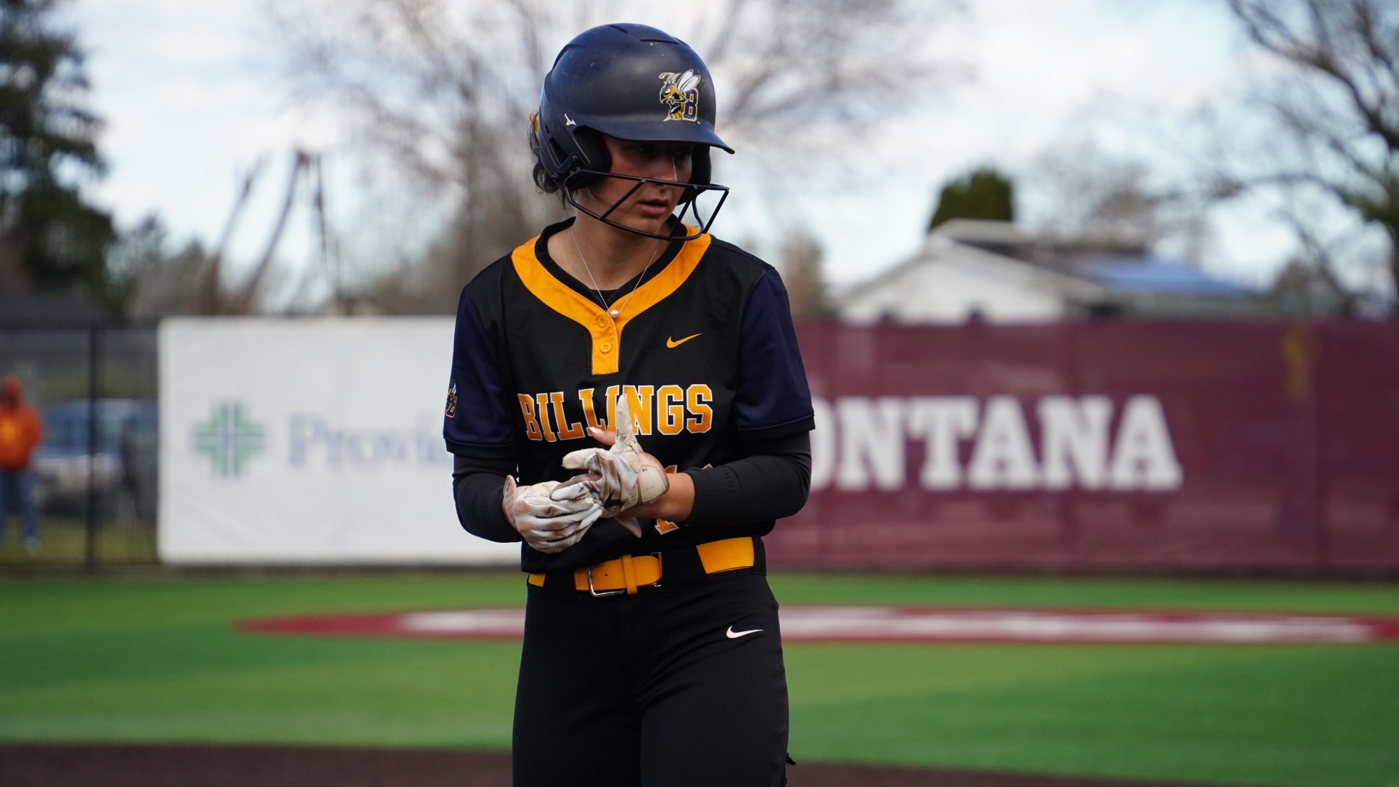 Marliegh Nieto stands on first base after collecting a single in MSUB's game against Montana