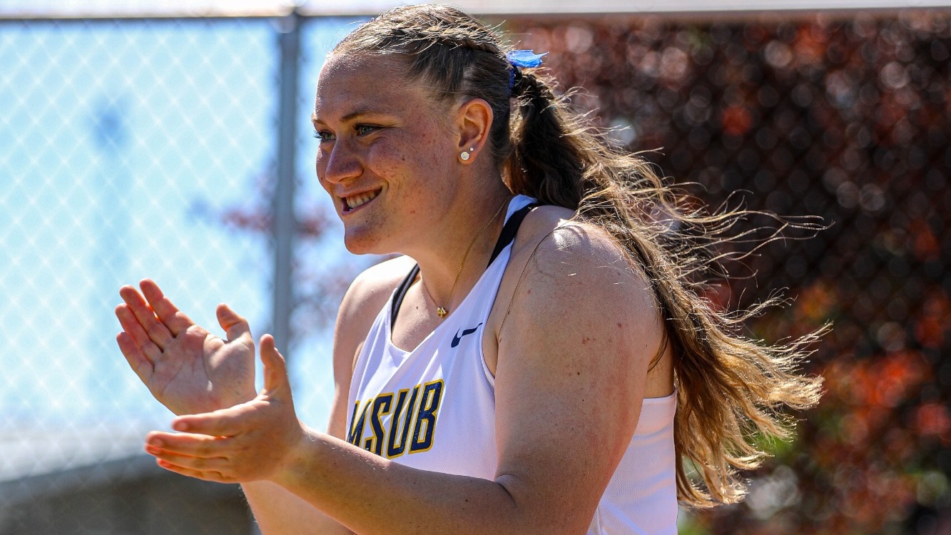 Rae Smart celebrates after a school-record breaking javelin throw at the 2026 GNAC Championships